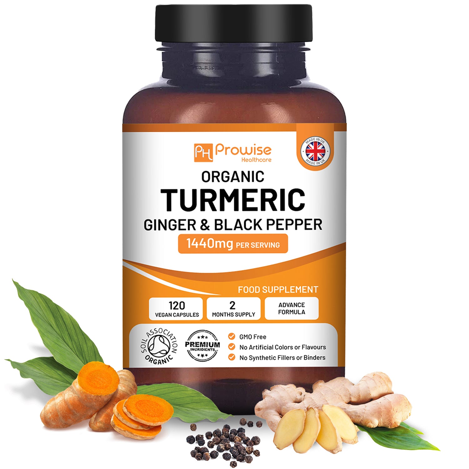 Organic Turmeric 1440mg with Black Pepper & Ginger |120 Vegan Capsules with Active Ingredient Curcumin I Made in The UK Refurbished - Prowise Healthcare refurbished available on Cerqular