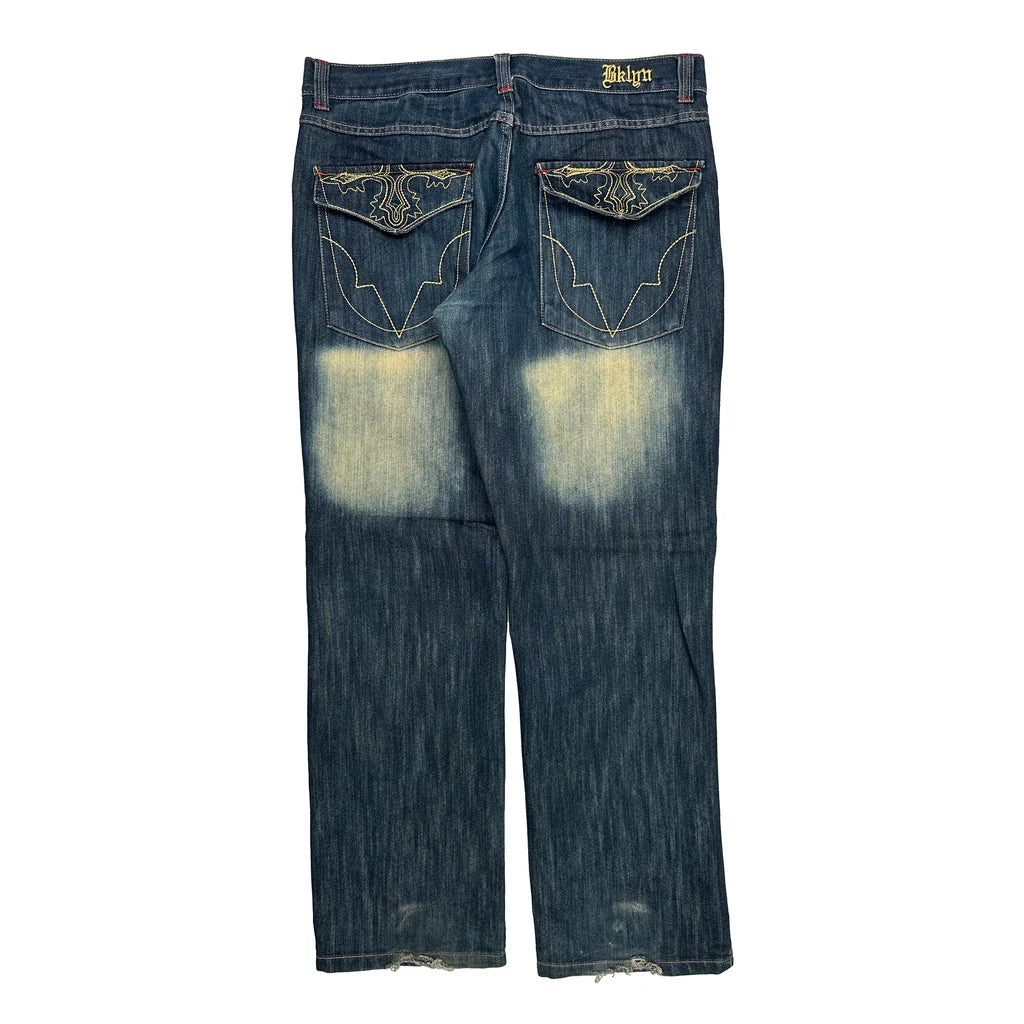 Brooklyn Express Contrast Stitch Jeans - 36W 34L Dark Wash Cotton Refurbished - Thrifted (note: this is a term often used to describe second- refurbished available on Cerqular