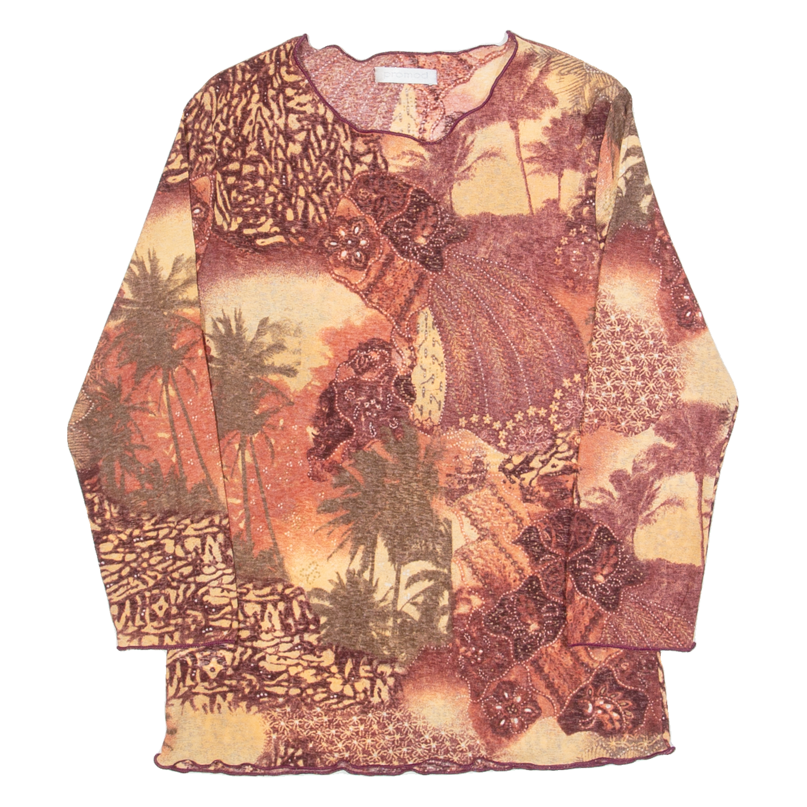 PROMOD Womens Printed Top Brown Long Sleeve Crazy Pattern S Refurbished - N/A refurbished available on Cerqular