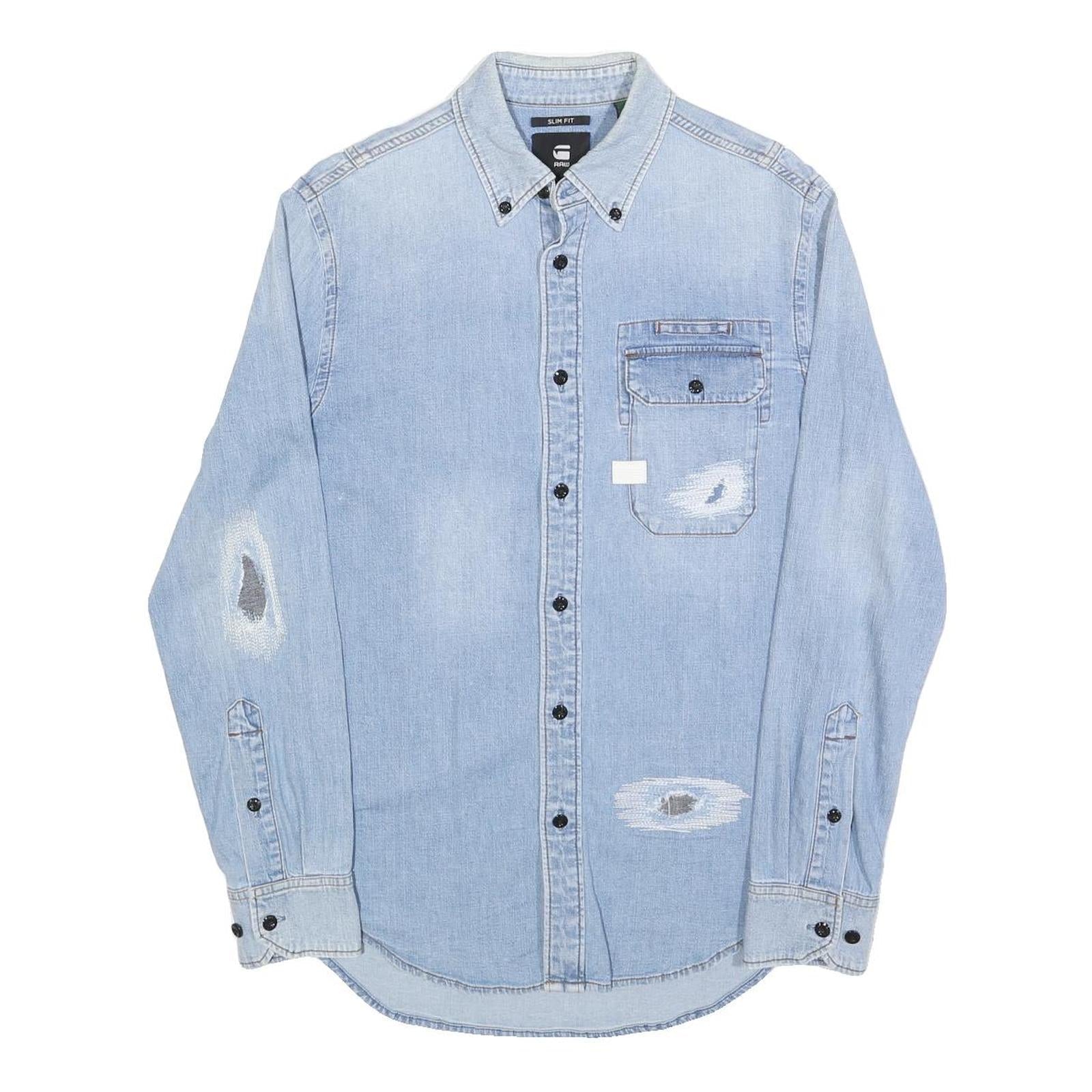 G-STAR Mens Blue Denim Slim Fit Shirt S Distressed Cotton Casual Long Sleeve Refurbished - N/A refurbished available on Cerqular
