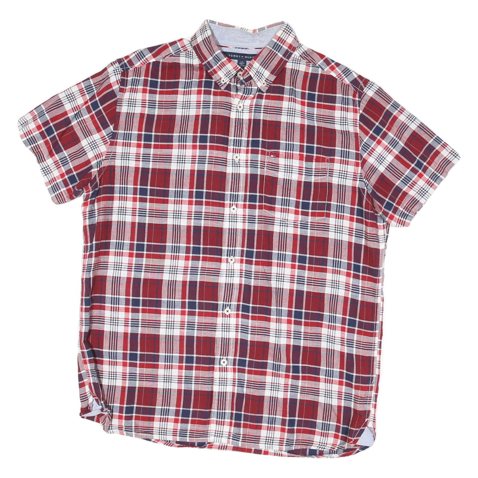 TOMMY HILFIGER Mens Red & White Check Short Sleeve Shirt L Cotton Blend Stylish Refurbished - N/A refurbished available on Cerqular