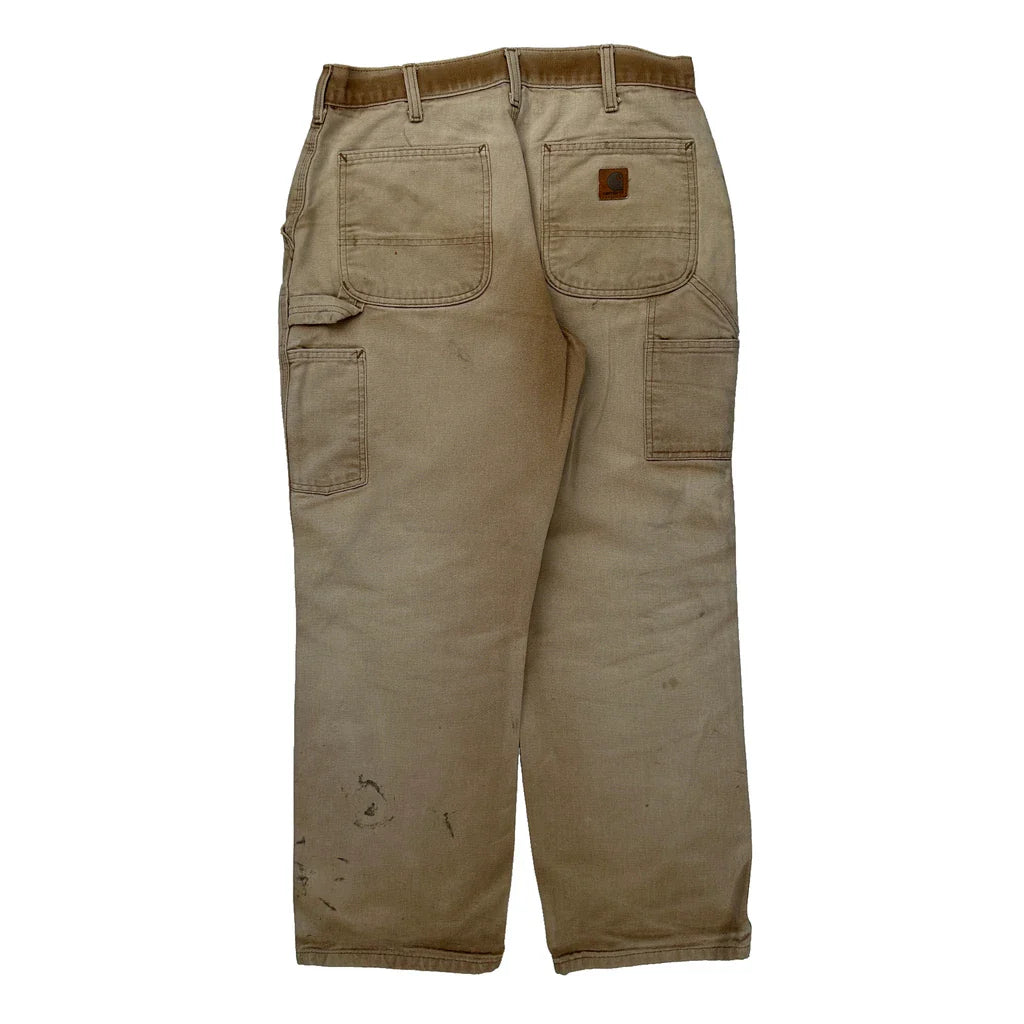Carhartt Double Knee Dungarees - 32W 30L Beige Cotton Refurbished - Thrifted (note: this is a term often used to describe second- refurbished available on Cerqular