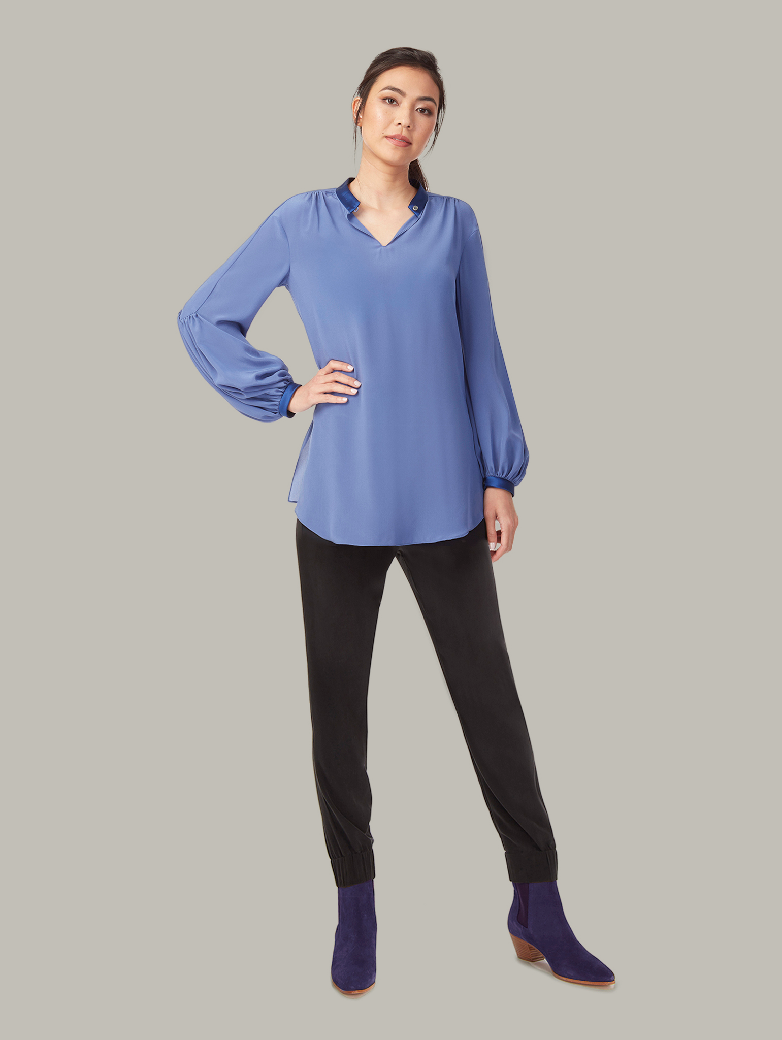 ZINNIA | Cavalier-Sleeves Silk Blouse | Colour: STORM BLUE | Size: UK 8 (US 2) Refurbished - N/A refurbished available on Cerqular