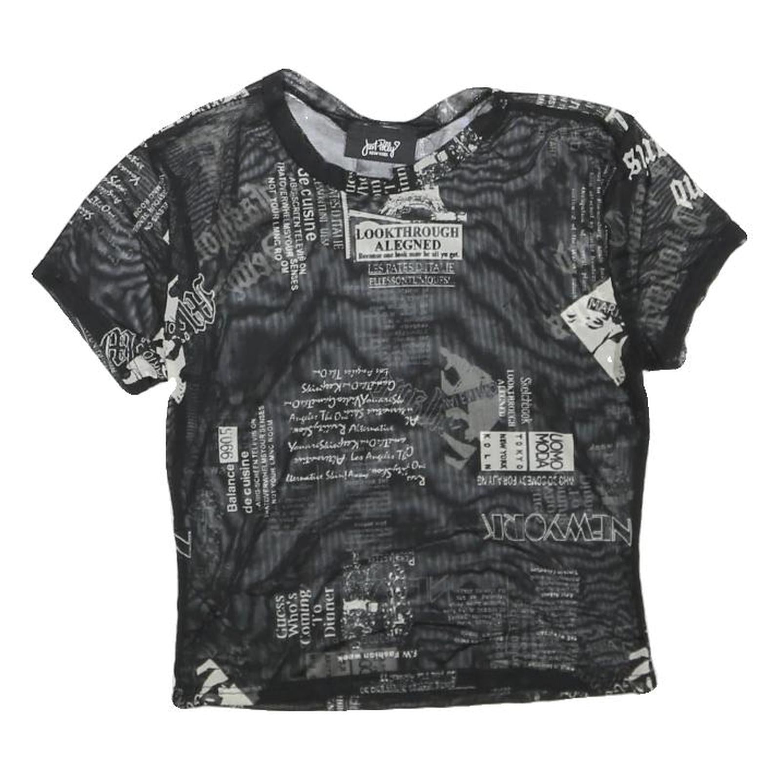 JUSTPOLLY Womens Black Printed Mesh Short Sleeve Round Neck Top M Trendy Refurbished - N/A refurbished available on Cerqular