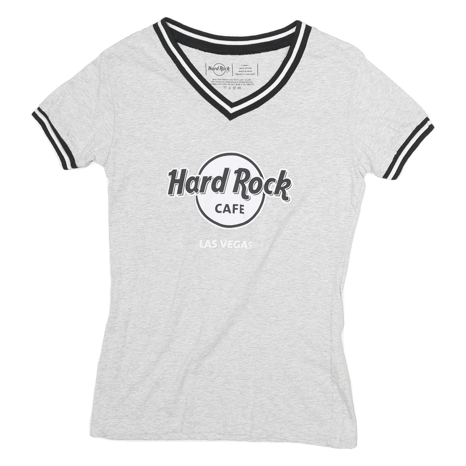HARD ROCK CAFE Womens Grey & Black Graphic T-Shirt XS Short Sleeve V-Neck Casual Refurbished - N/A refurbished available on Cerqular