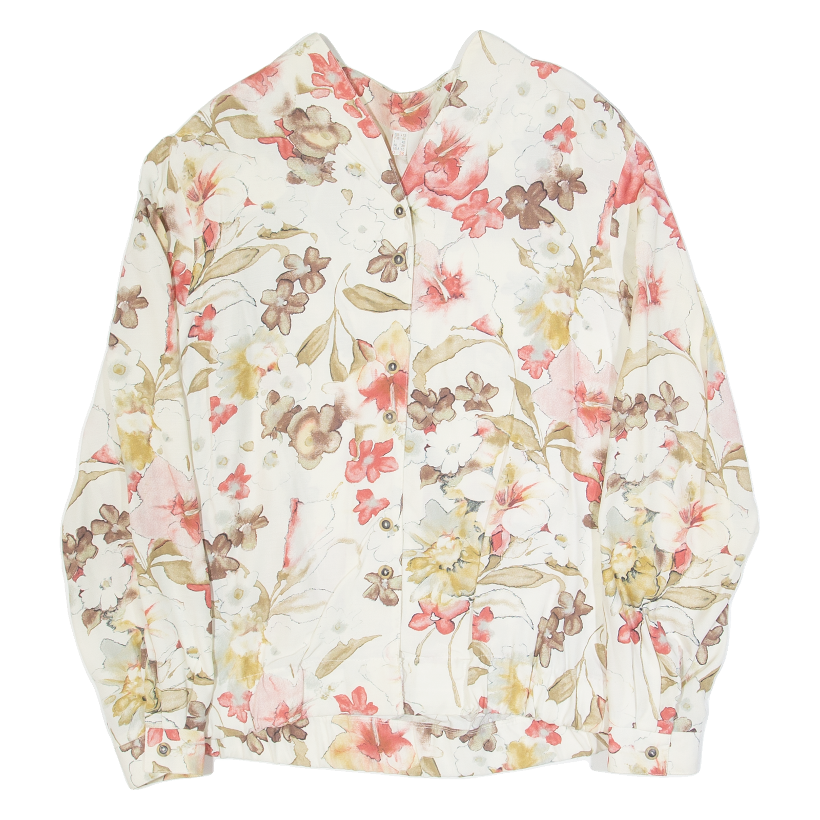 Womens Printed Blouse Cream V-Neck Long Sleeve 90s Floral UK 12 Refurbished - N/A refurbished available on Cerqular