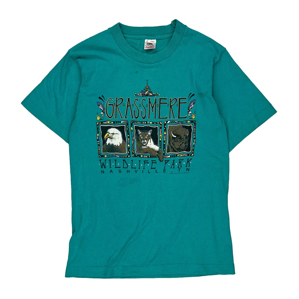 Grassmere Wildlife Park Fruit Of The Loom Single Stitch T-Shirt - Small Green Cotton Refurbished - Thrifted (note: this is a term often used to describe second- refurbished available on Cerqular