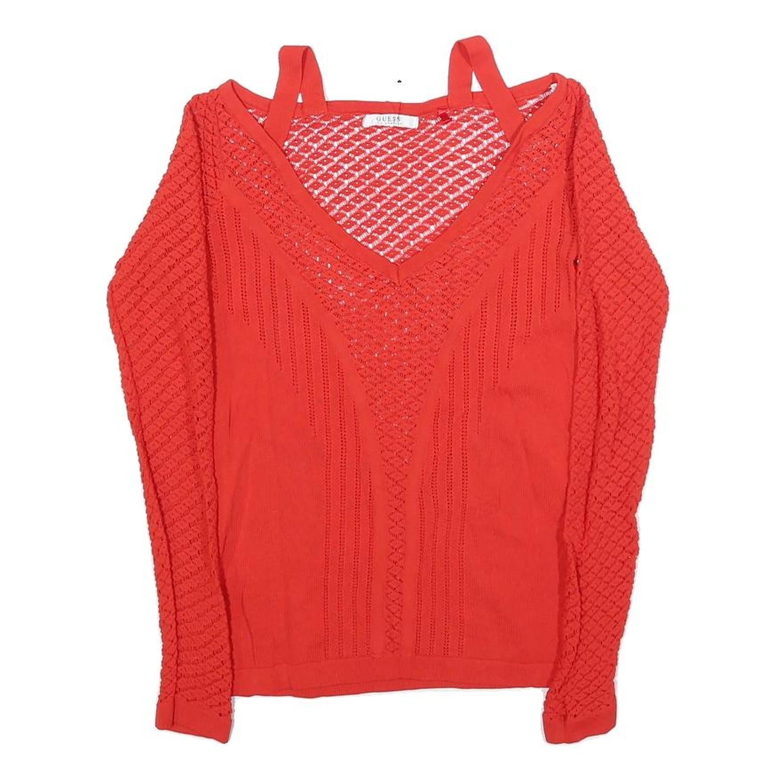 GUESS Womens Red Lace Detail Long Sleeve V-Neck Top S Stylish Knitwear Refurbished - N/A refurbished available on Cerqular