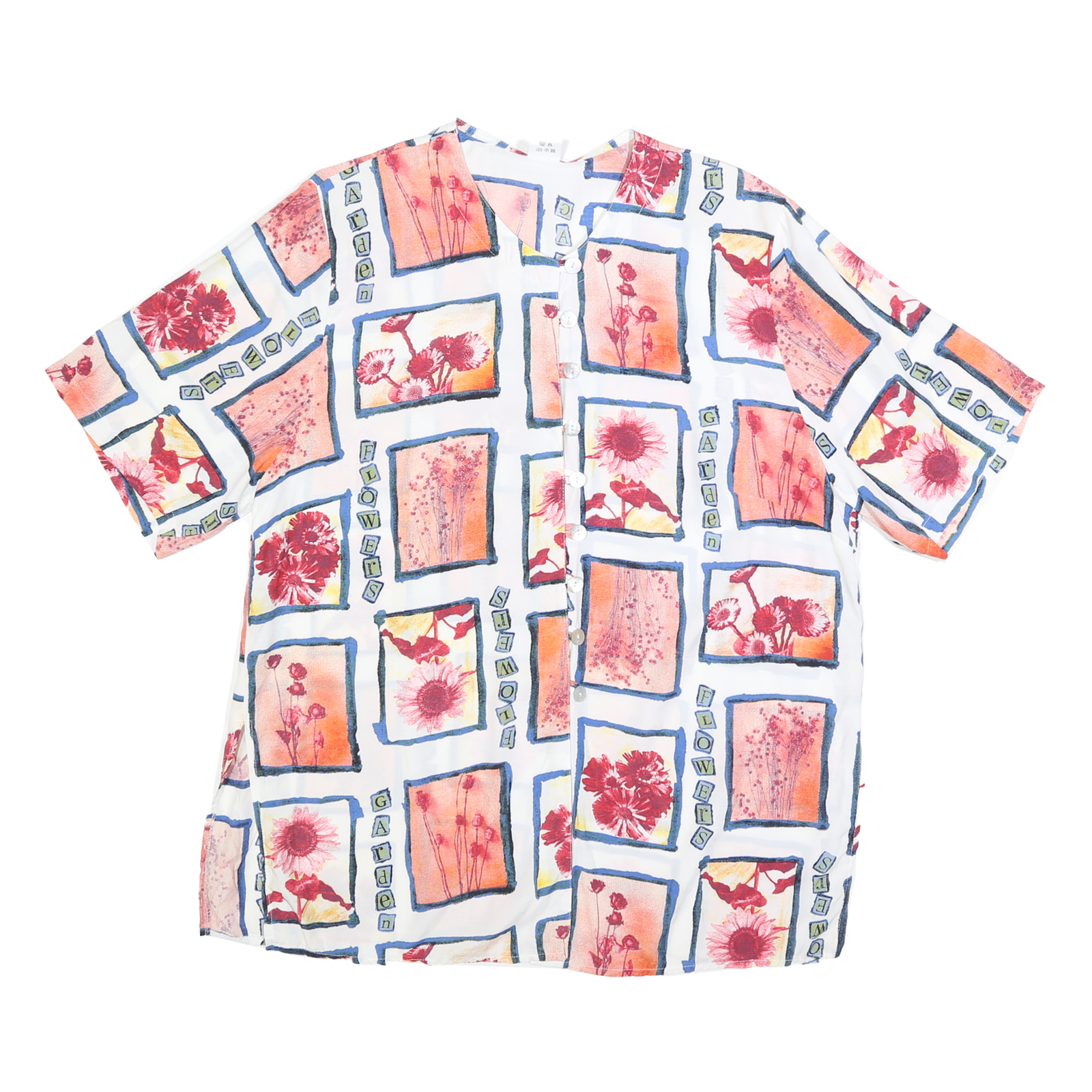 Womens White Red Orange Floral Printed Button Top Short Sleeve V Neck L Refurbished - N/A refurbished available on Cerqular