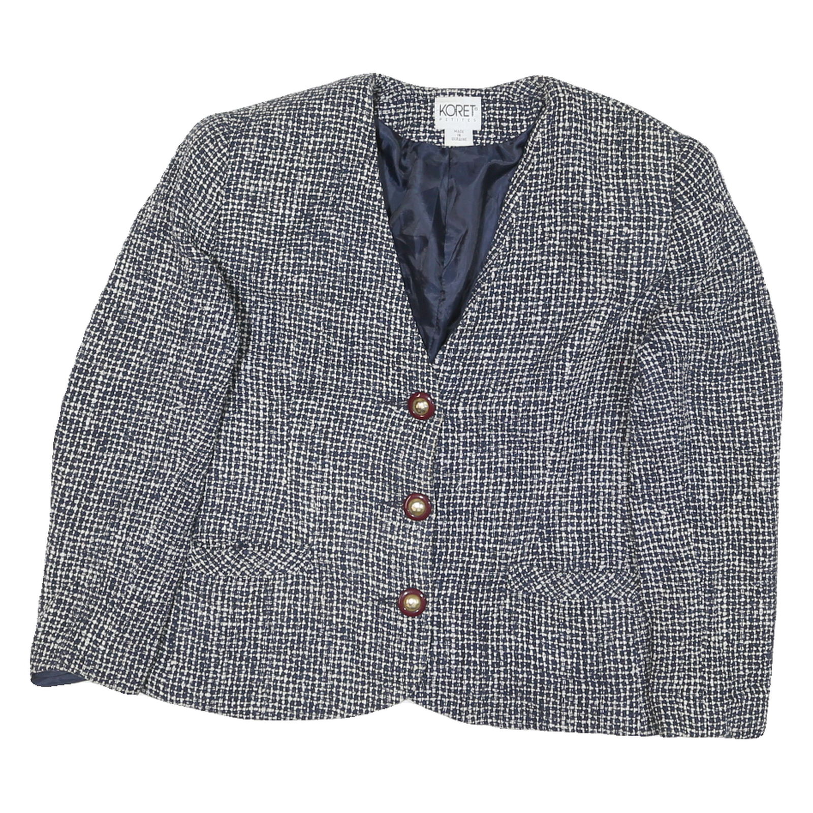 KORET Womens Navy Blue & White Classic Button Jacket M Cotton Blend Tweed Refurbished - N/A refurbished available on Cerqular
