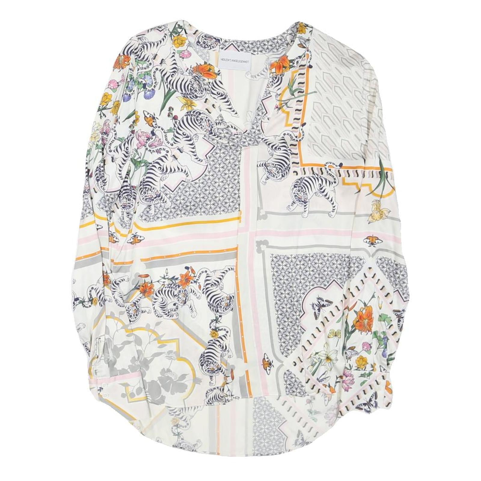 Womens White Printed Long Sleeve V-Neck Top M Patchwork Floral Zebra Design Refurbished - N/A refurbished available on Cerqular