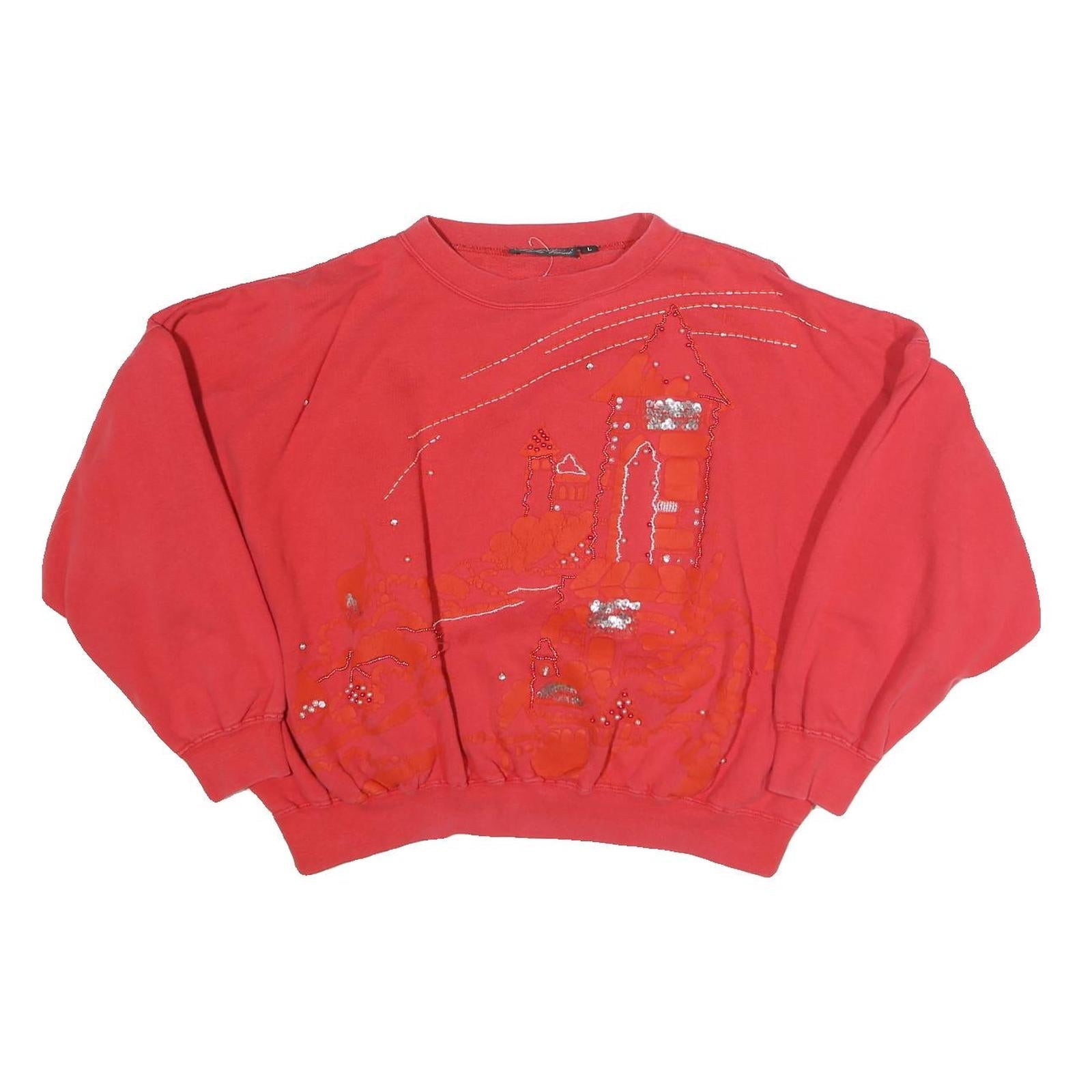 PAULO VANNI Womens Red Sweatshirt L Embellished Castle Design Crew Neck Casual Refurbished - N/A refurbished available on Cerqular