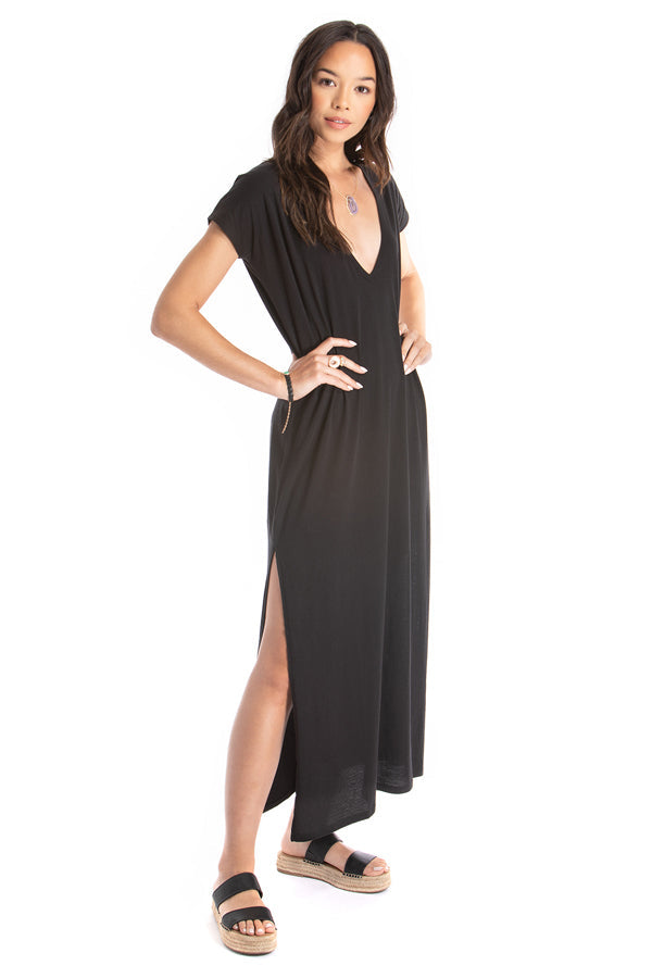 Maxi V Neck Dress - Organic Cotton - Black | Size: small Refurbished - N/A (Note: There is no well-known brand called "AR refurbished available on Cerqular