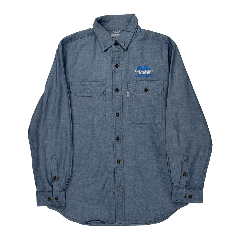 Carhartt Shirt - Medium Blue Cotton Refurbished - Thrifted (note: this is a term often used to describe second- refurbished available on Cerqular