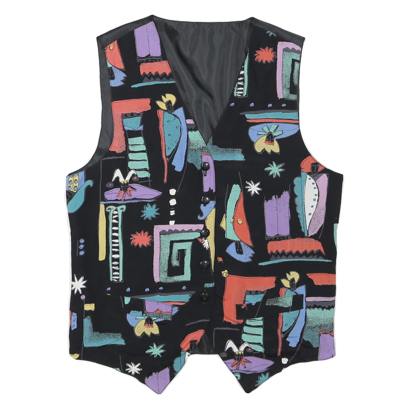 Mens Black Abstract Print Pattern Waistcoat S Polyester Blend Button Closure Refurbished - N/A refurbished available on Cerqular