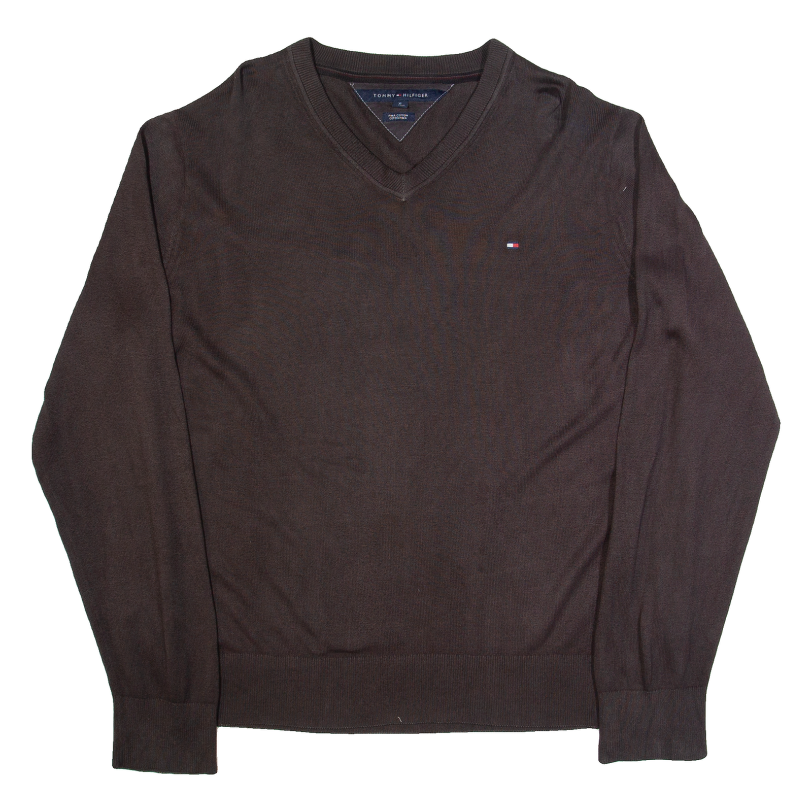 TOMMY HILFIGER Mens Jumper Brown V-Neck Tight Knit XL Refurbished - N/A refurbished available on Cerqular