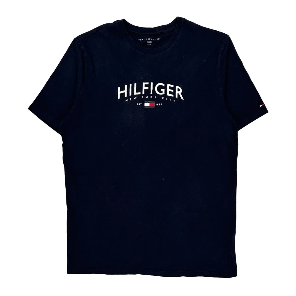 Buy New York City Tommy Hilfiger Spellout T-Shirt - Large Navy Cotton Refurbished - $26.79 New York City Tommy Hilfiger Spellout T-Shirt - Large Navy Cotton Refurbished - Thrifted (note: this is a term often used to describe second- refurbished available on Cerqular