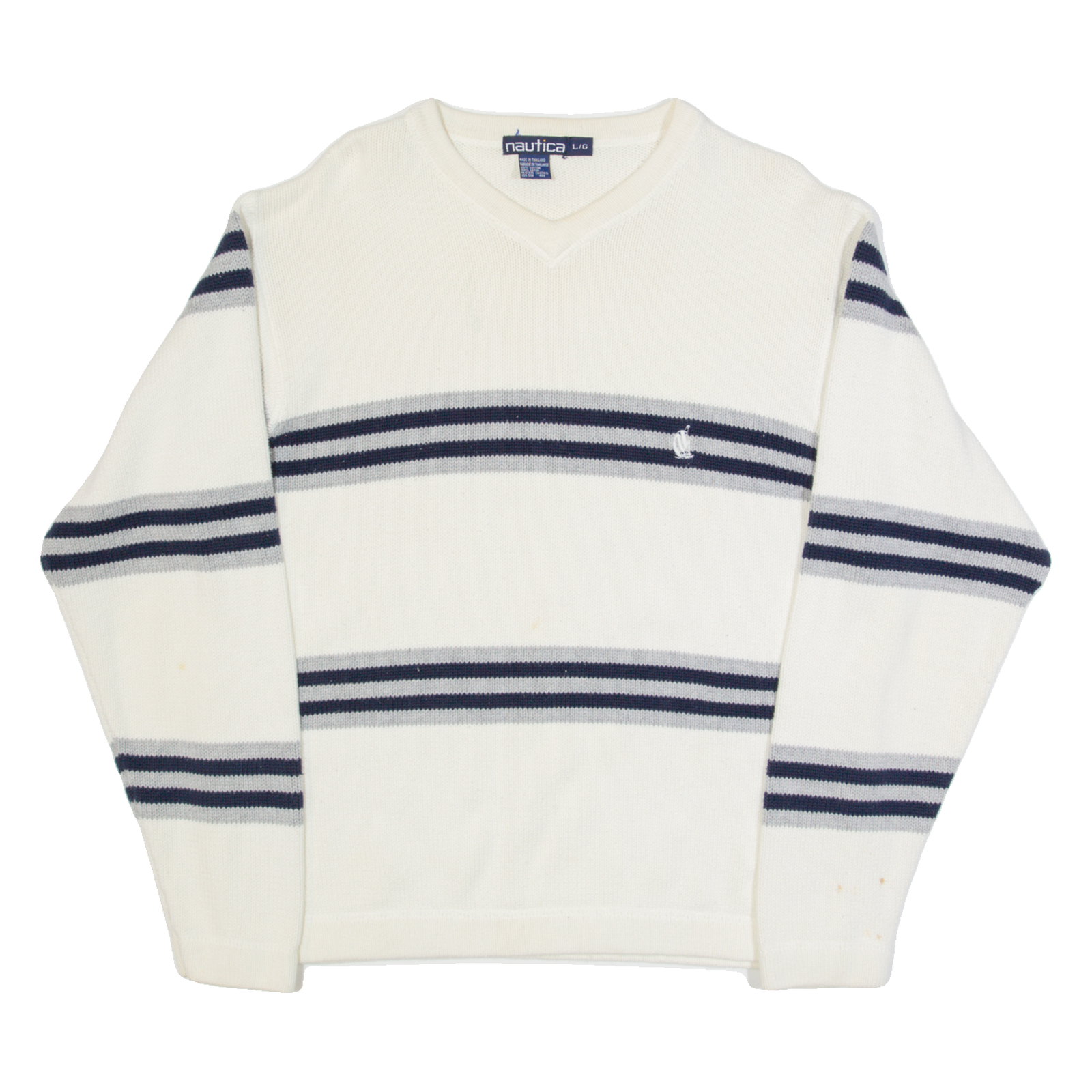 Mens Patterned Jumper White Striped V-Neck Tight Knit L Refurbished - N/A refurbished available on Cerqular