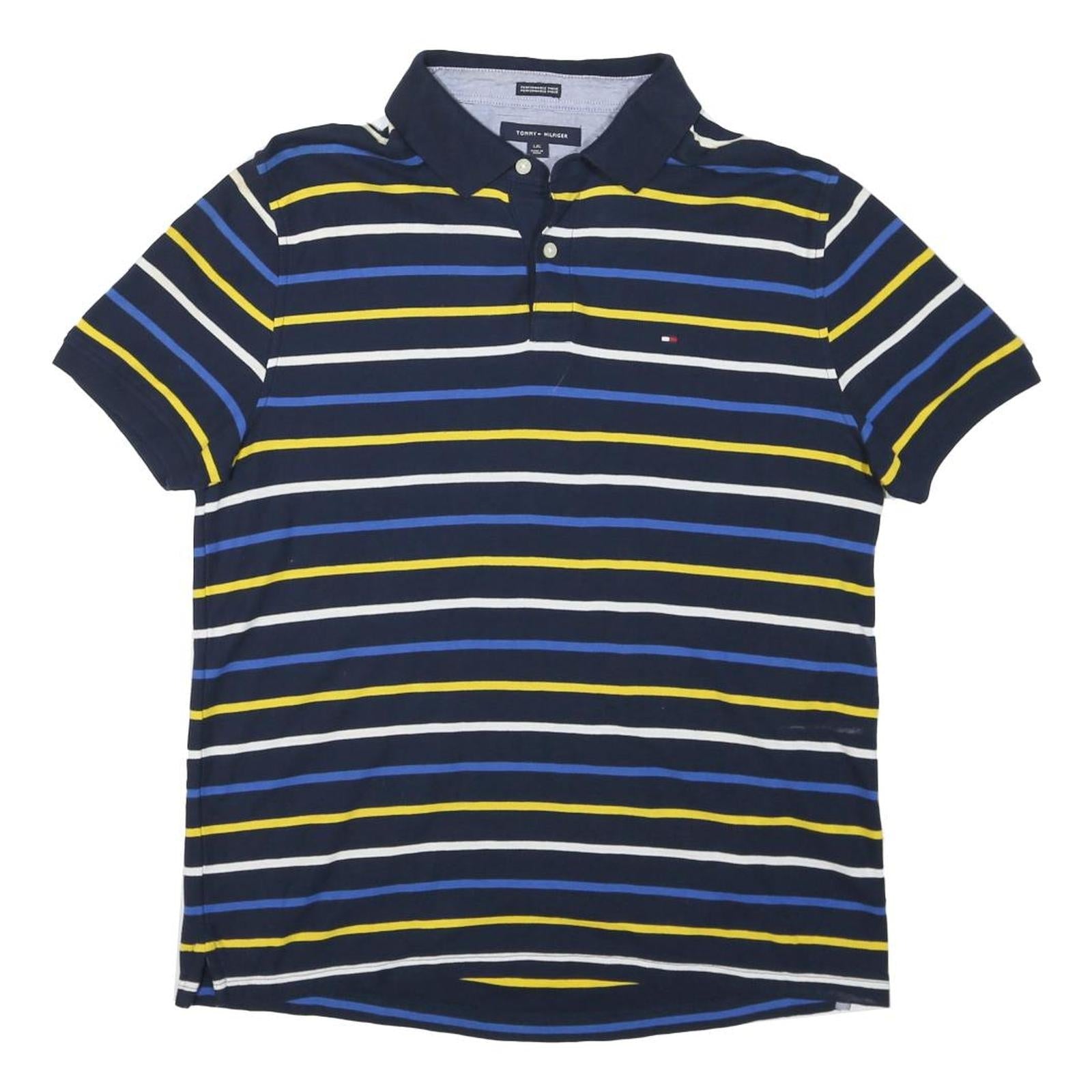 TOMMY HILFIGER Mens Navy Blue & Yellow Striped Polo Shirt Short Sleeve L Refurbished - N/A refurbished available on Cerqular