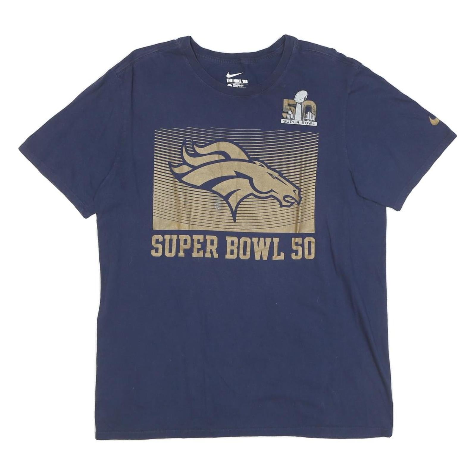NIKE Mens Blue Super Bowl 50 Graphic T-Shirt L Short Sleeve Crew Neck Refurbished - N/A refurbished available on Cerqular