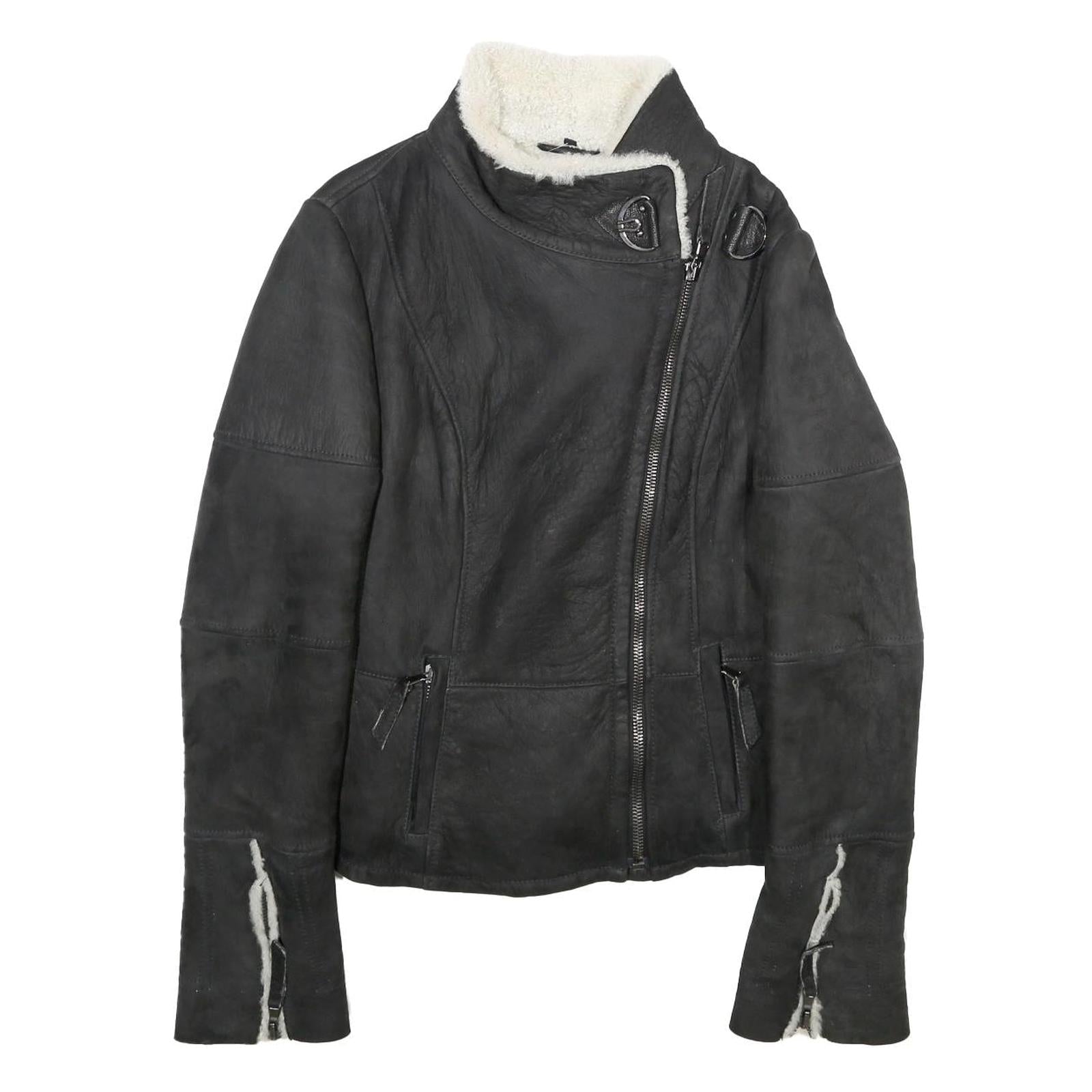 Womens Black Shearling Jacket M Zip Closure Plain Stylish Warm Winter Outerwear Refurbished - N/A refurbished available on Cerqular