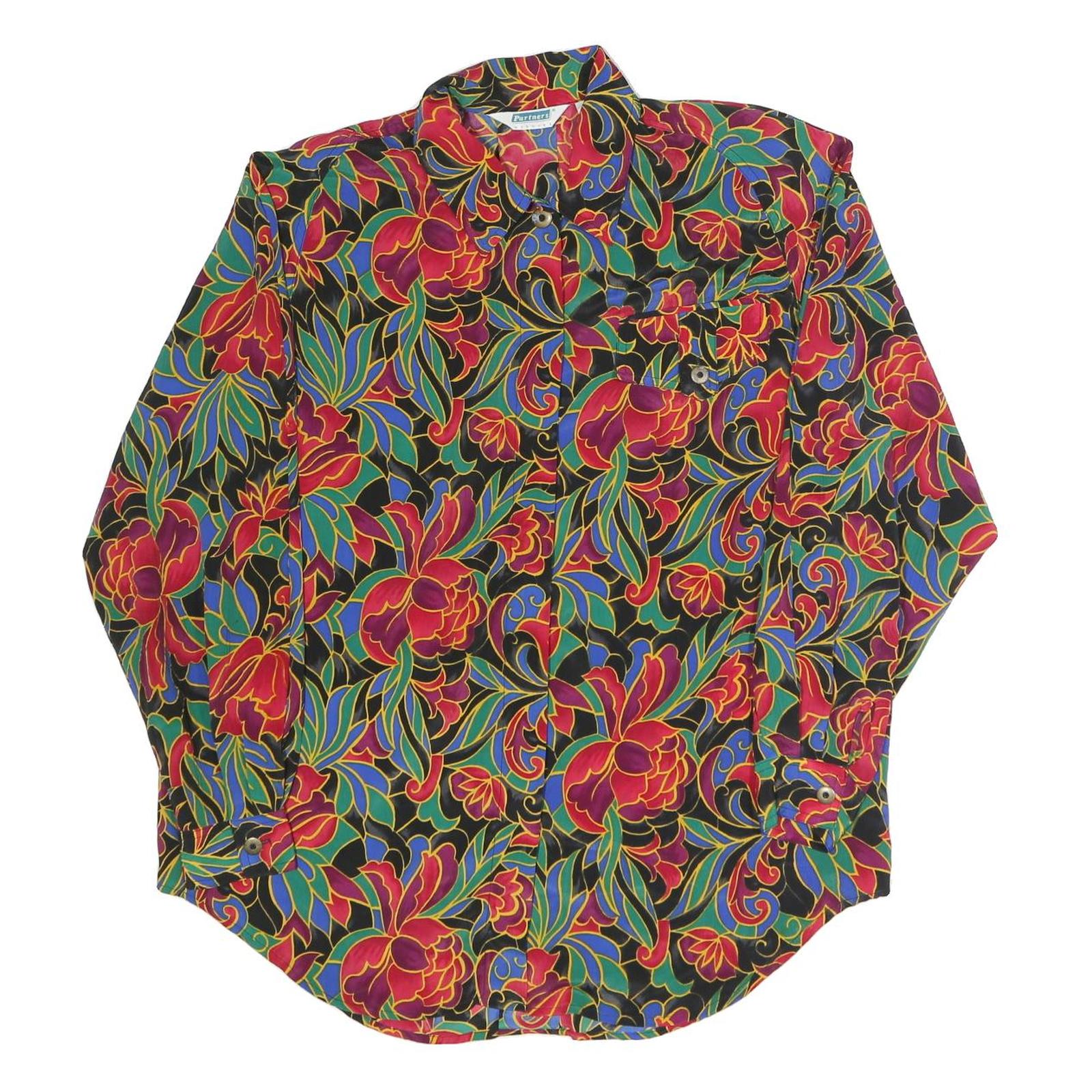 PARTNERS Womens Black Floral Shirt Long Sleeve Collared L Polyester Blend Blouse Refurbished - N/A refurbished available on Cerqular