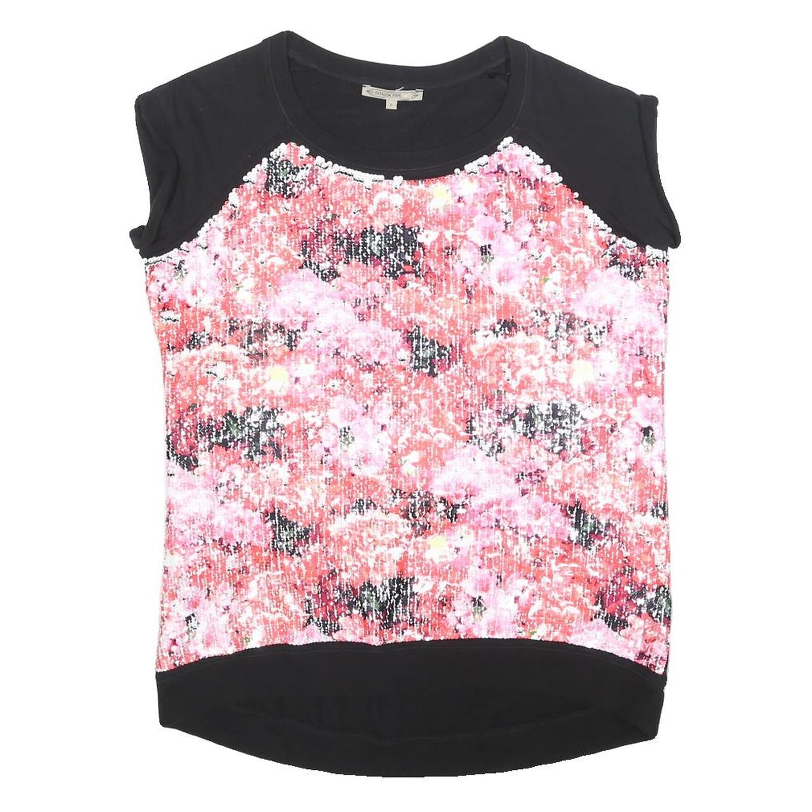 PATRIZIA PEPE Womens Black & Pink Printed Cotton Cap Sleeve Round Neck Top M Refurbished - N/A refurbished available on Cerqular