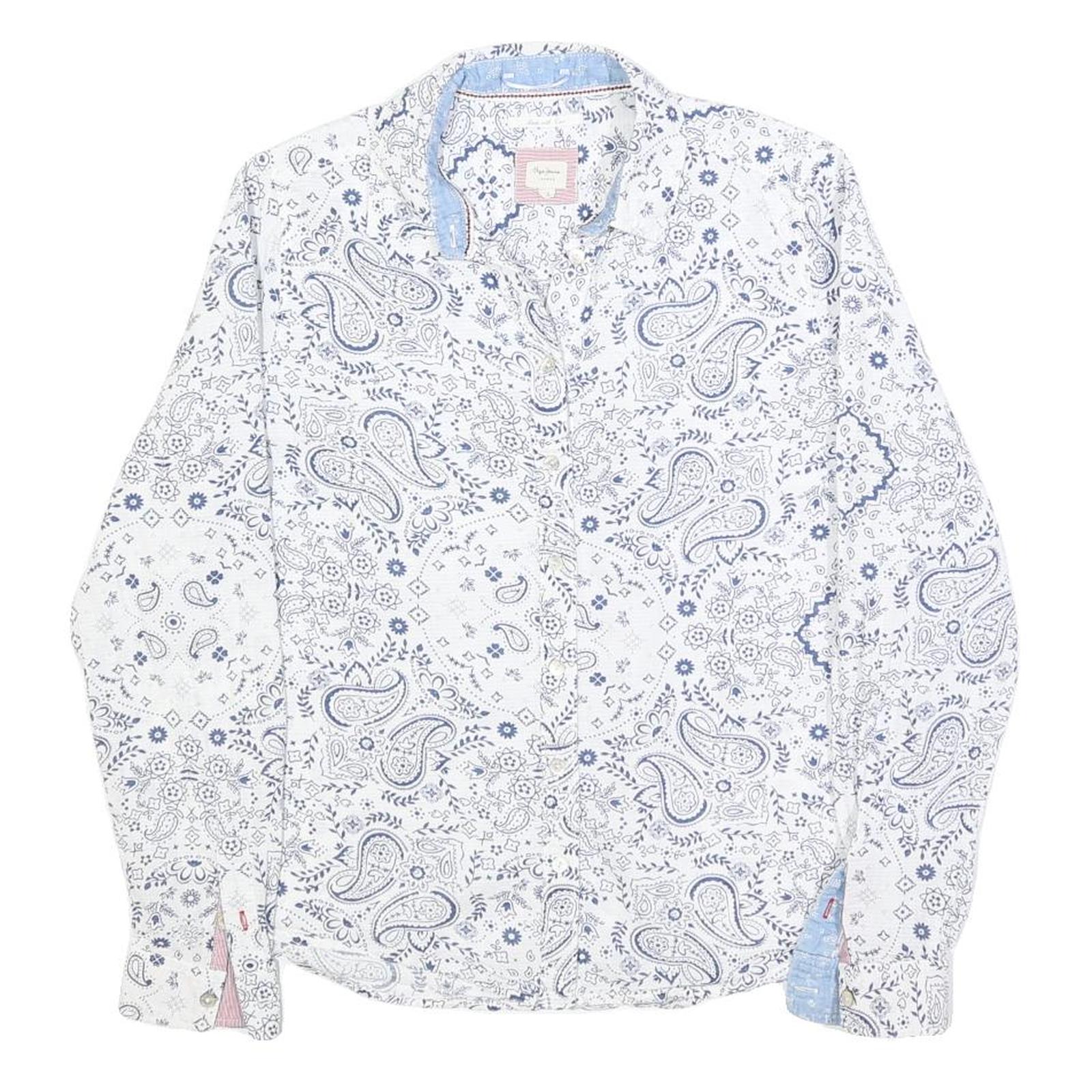 PEPE JEANS Womens White Blue Paisley Print Shirt Long Sleeve Collared S Refurbished - N/A refurbished available on Cerqular