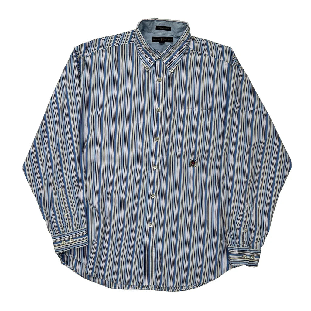 Tommy Hilfiger Striped Shirt - Large Blue Cotton Refurbished - Thrifted (note: this is a term often used to describe second- refurbished available on Cerqular