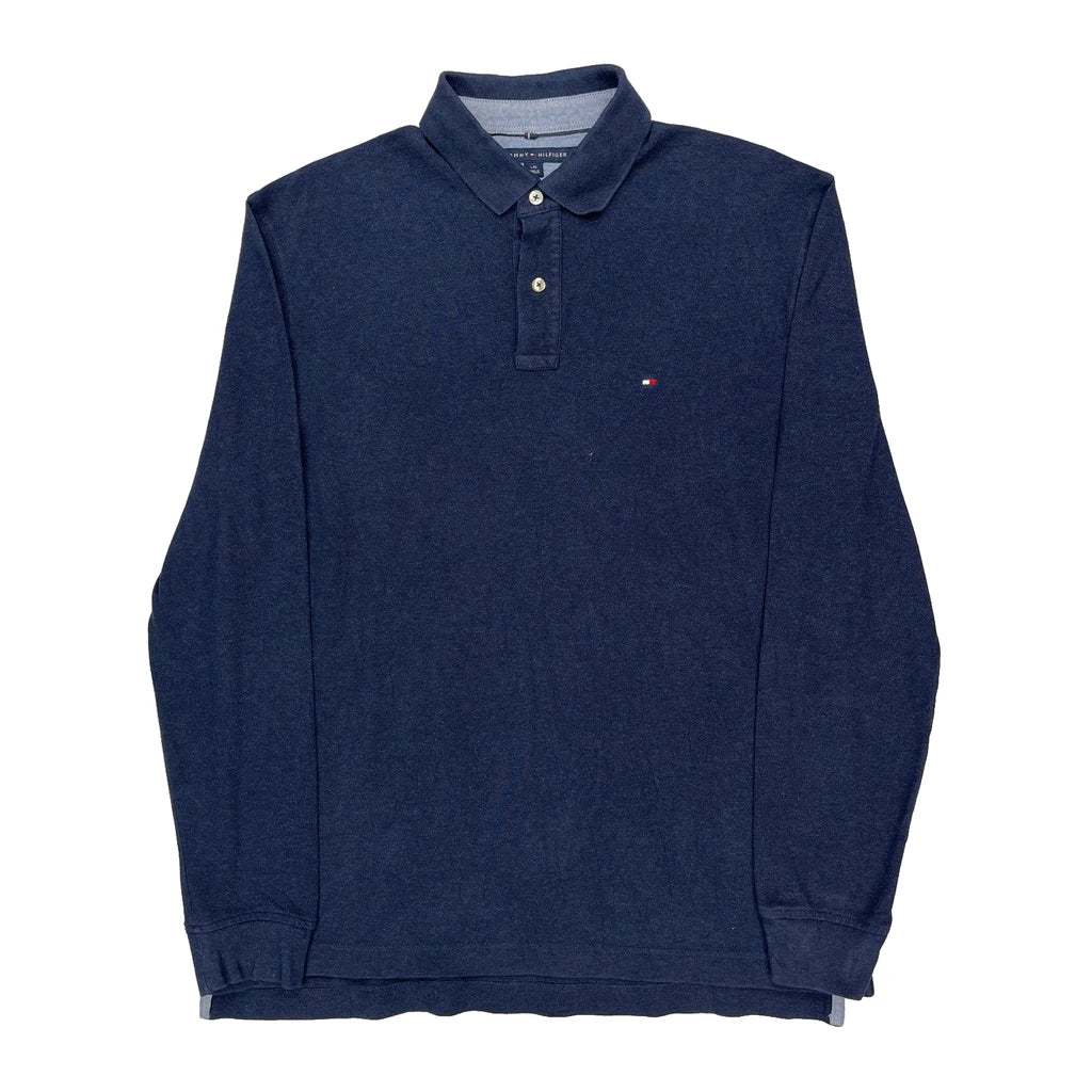 Tommy Hilfiger Long Sleeve Polo Shirt - Large Navy Cotton Refurbished - Thrifted (note: this is a term often used to describe second- refurbished available on Cerqular