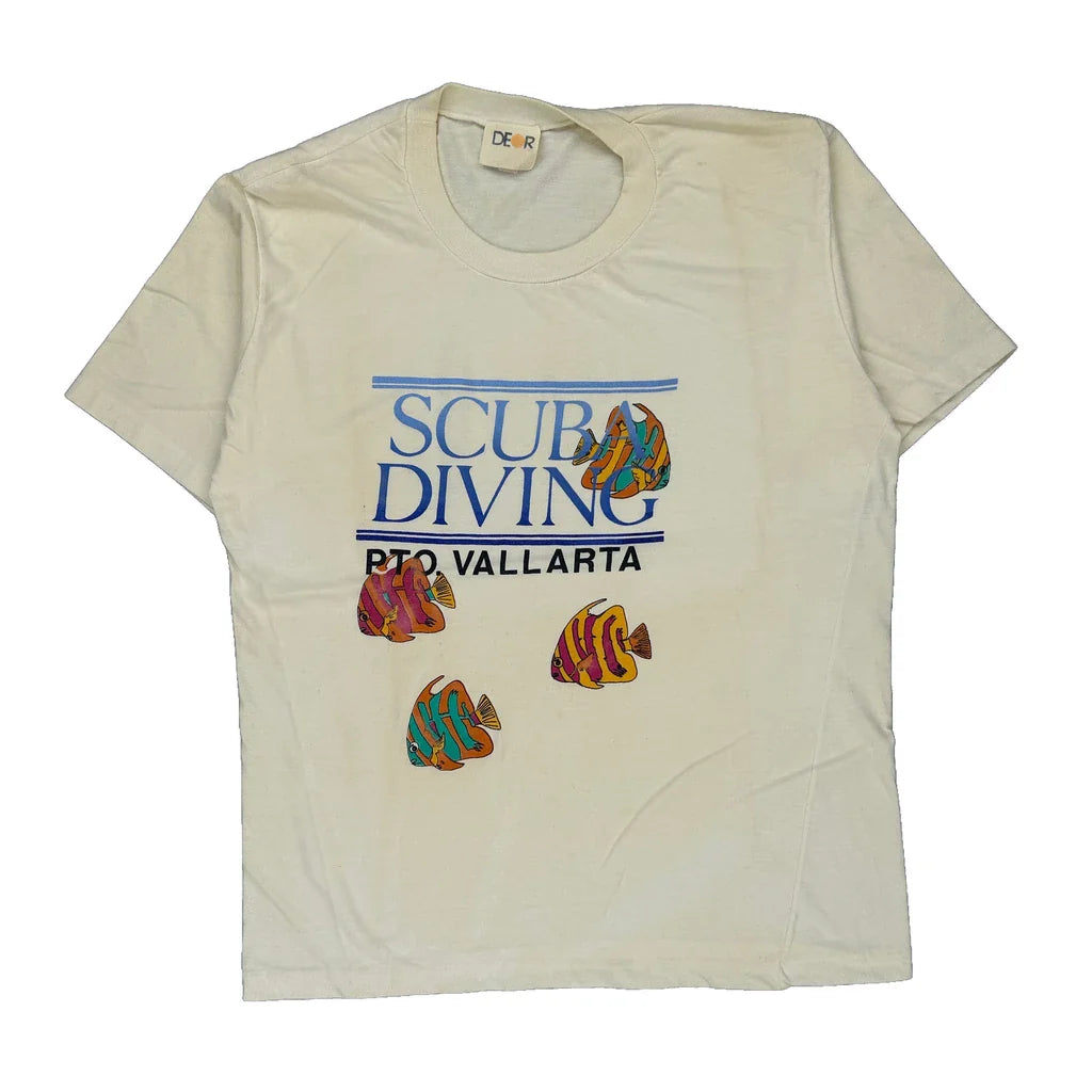 Scuba Diving Deor Single Stitch T-Shirt - XL Cream Cotton Refurbished - Thrifted (note: this is a term often used to describe second- refurbished available on Cerqular