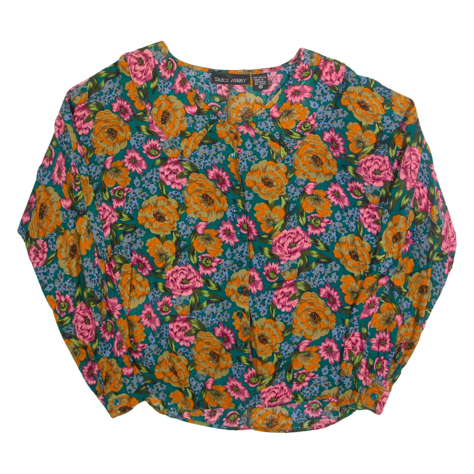 TAKEAWAY Womens Printed Shirt Blue Collared Long Sleeve 90s Floral M Refurbished - N/A refurbished available on Cerqular