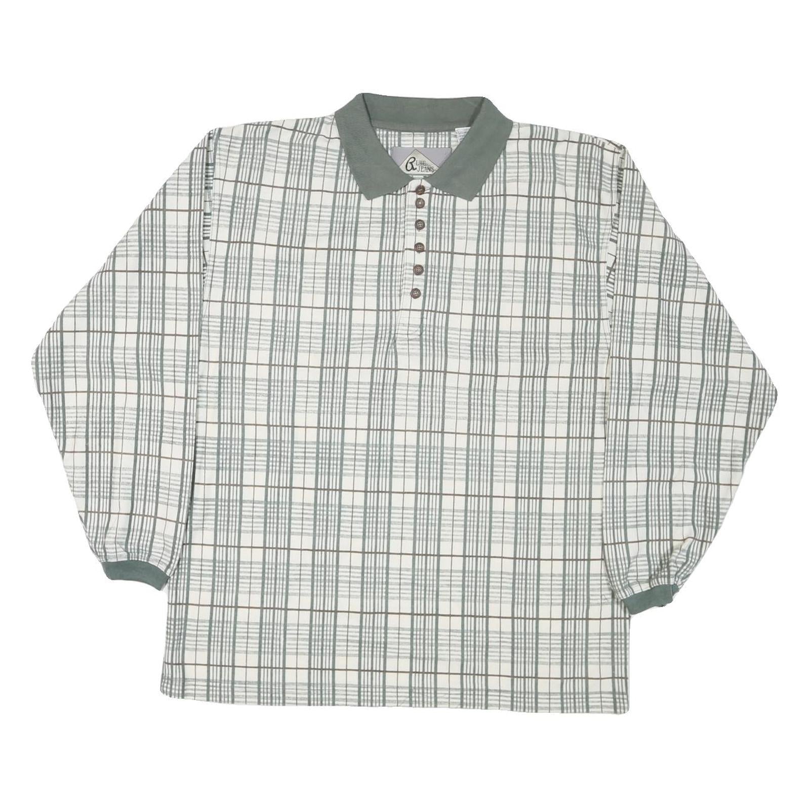 BLUE JEANS Mens White & Green Check Long Sleeve Polo Shirt M Cotton Blend Refurbished - N/A refurbished available on Cerqular