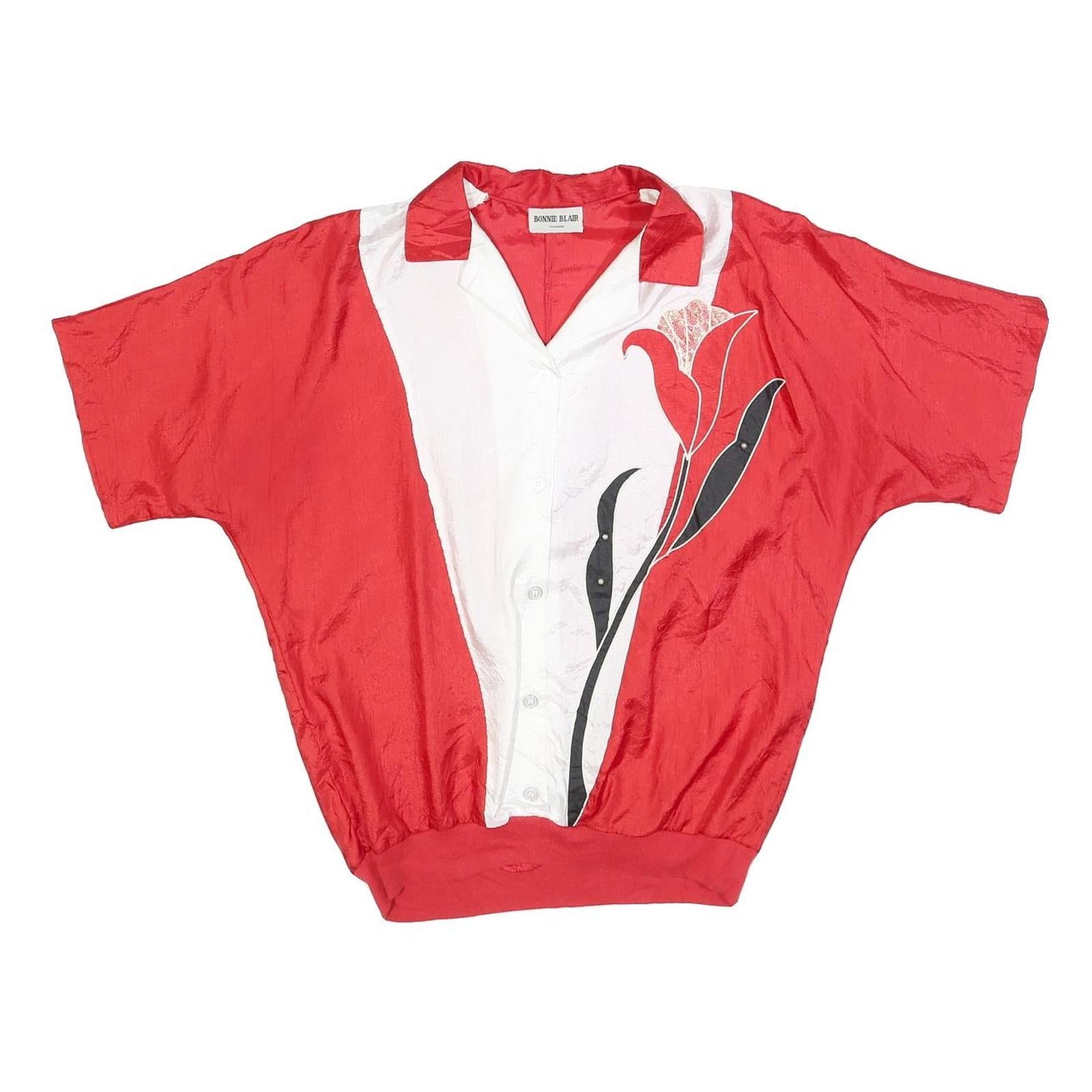 BONNIE BLAIR Womens Red & White Printed Blouse Short Sleeve Collared L Refurbished - N/A refurbished available on Cerqular