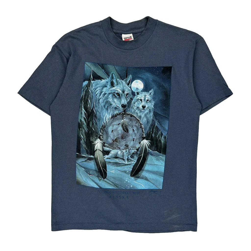 Alaska Anvil Single Stitch T-Shirt - Medium Blue Cotton Refurbished - Thrifted (note: this is a term often used to describe second- refurbished available on Cerqular