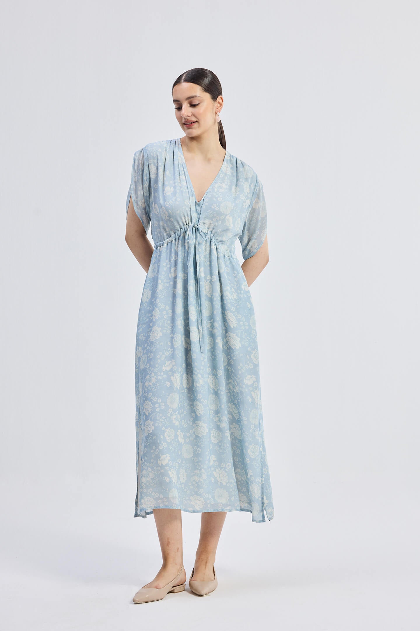 Gathered Maxi Dress with Drawstring in Blue Florals | Color: Floral Whispers | Size: 2XL Refurbished - Resistor (Note: This is a generic term for an electronic component, refurbished available on Cerqular
