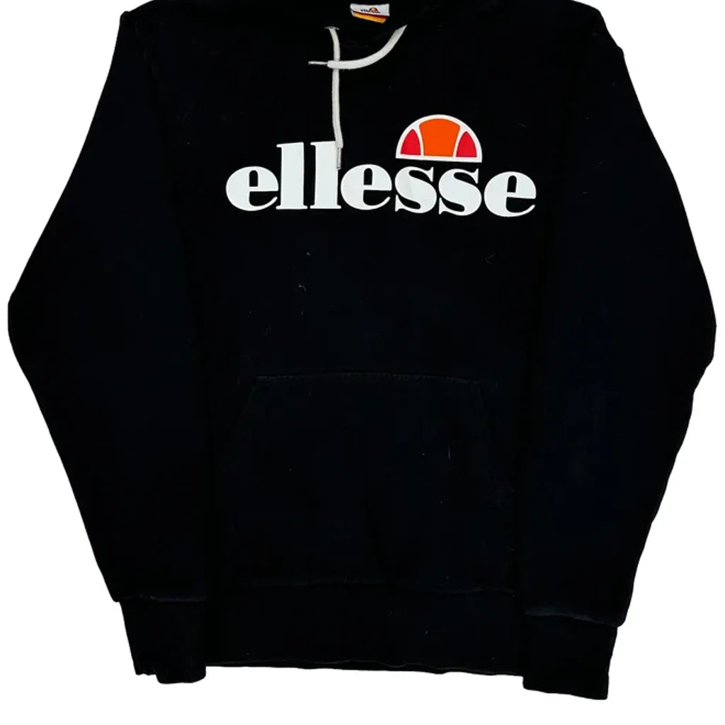 Ellesse Spellout Hoodie - Small Black Cotton Refurbished - Thrifted (note: this is a term often used to describe second- refurbished available on Cerqular