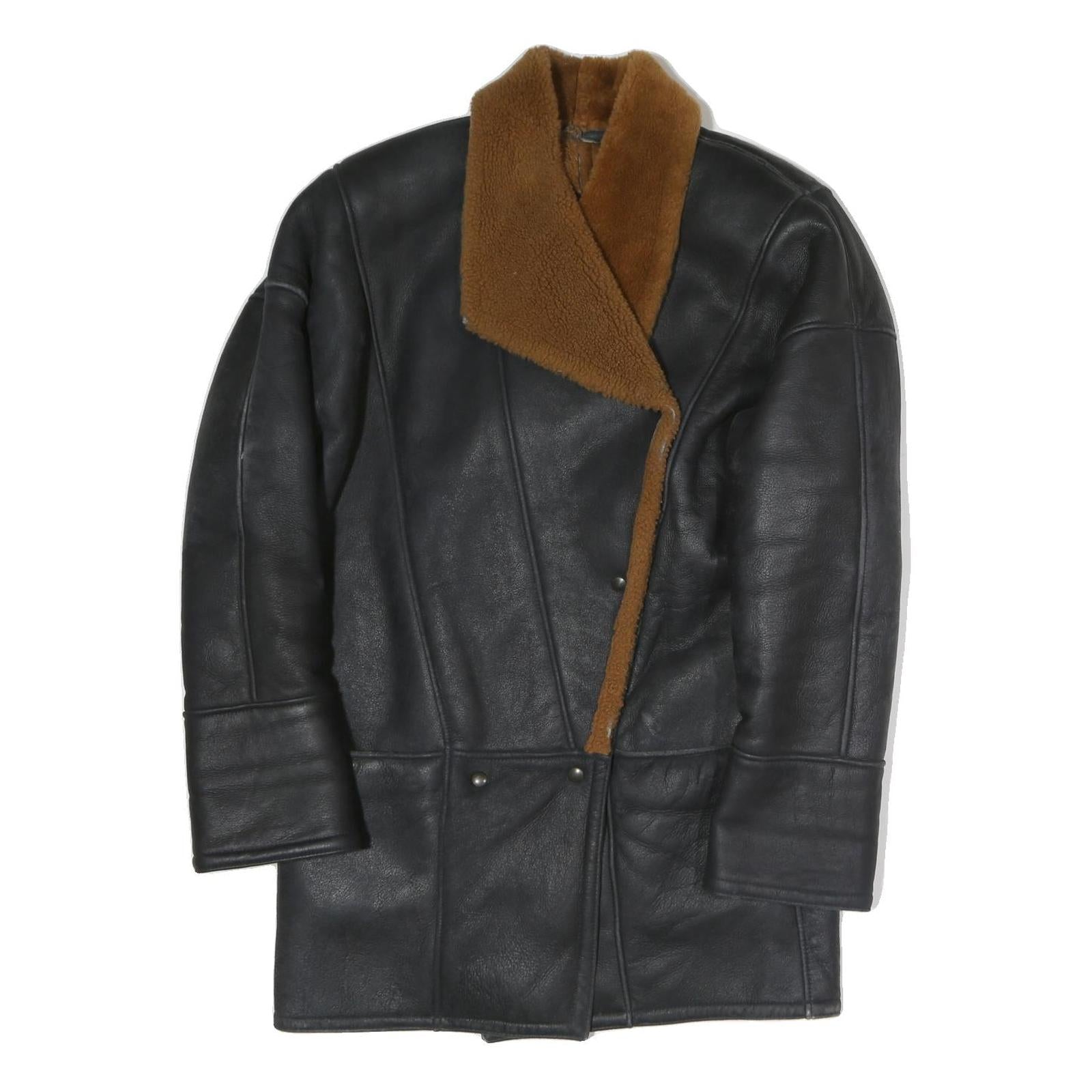 Womens Black & Brown Leather Button Jacket L Shearling Collar Relaxed Fit Refurbished - N/A refurbished available on Cerqular