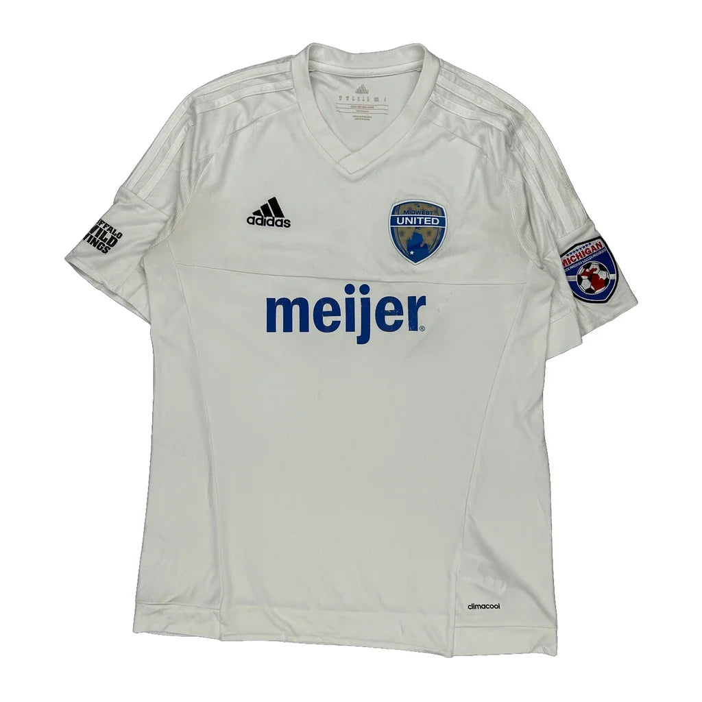 Adidas Football Shirt - Medium White Polyester Refurbished - Thrifted (note: this is a term often used to describe second- refurbished available on Cerqular