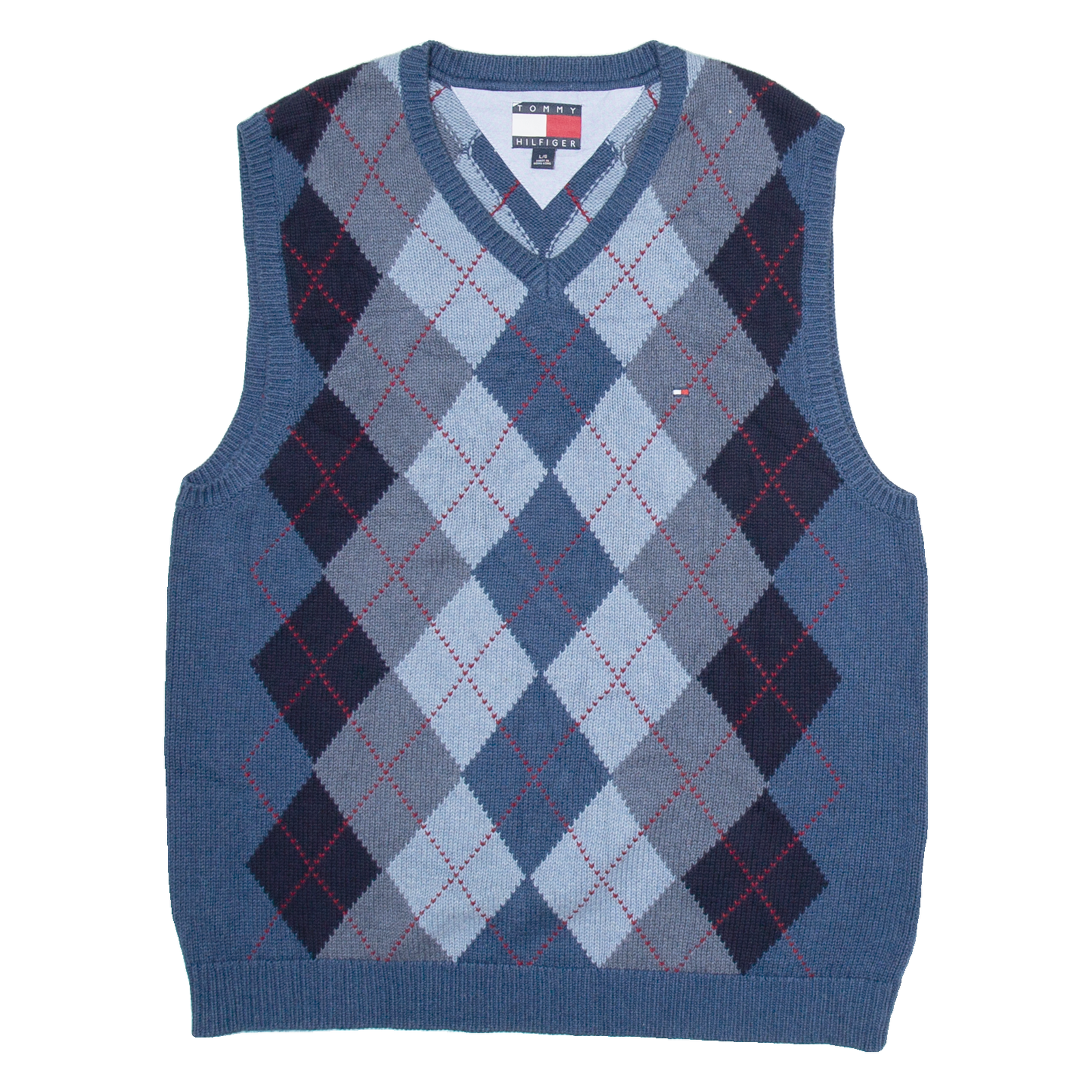 TOMMY HILFIGER Mens Jumper Blue Argyle V-Neck Tight Knit 3/4 Sleeve L Refurbished - N/A refurbished available on Cerqular