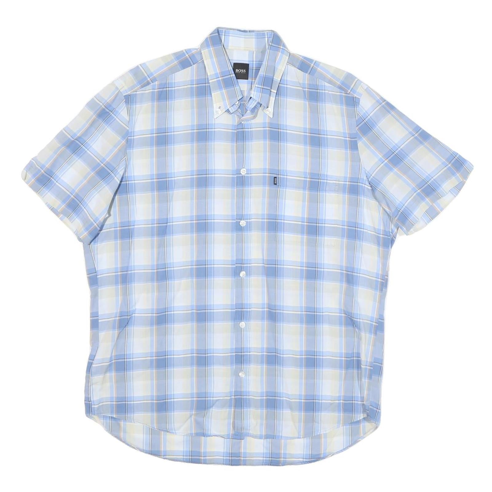 BOSS Mens Blue & Cream Check Shirt L Button Down Collar Casual Cotton Blend Refurbished - N/A refurbished available on Cerqular