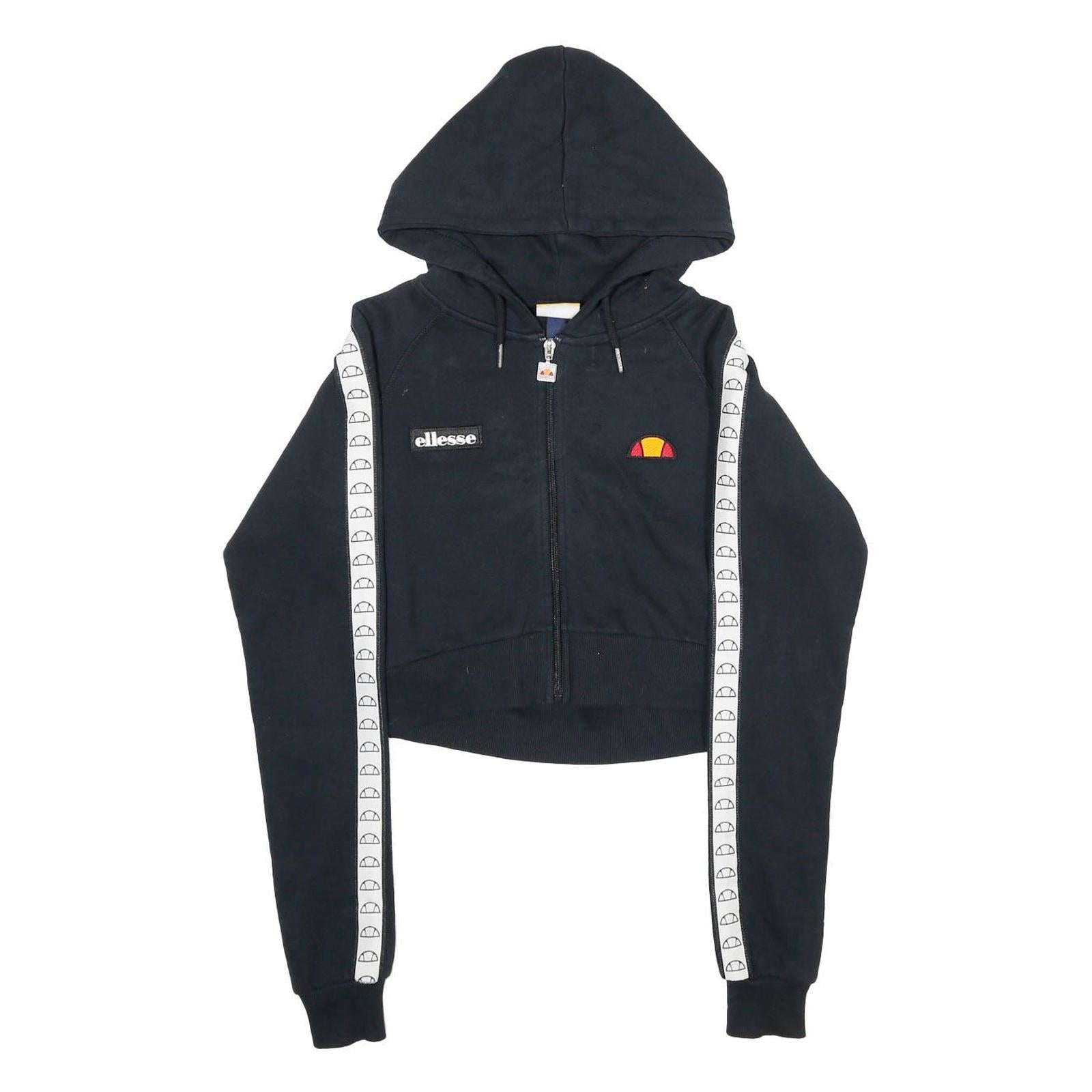 ELLESSE Womens Black White Logo Tape Full Zip Hoodie UK 6 Cropped Cotton Blend Refurbished - N/A refurbished available on Cerqular