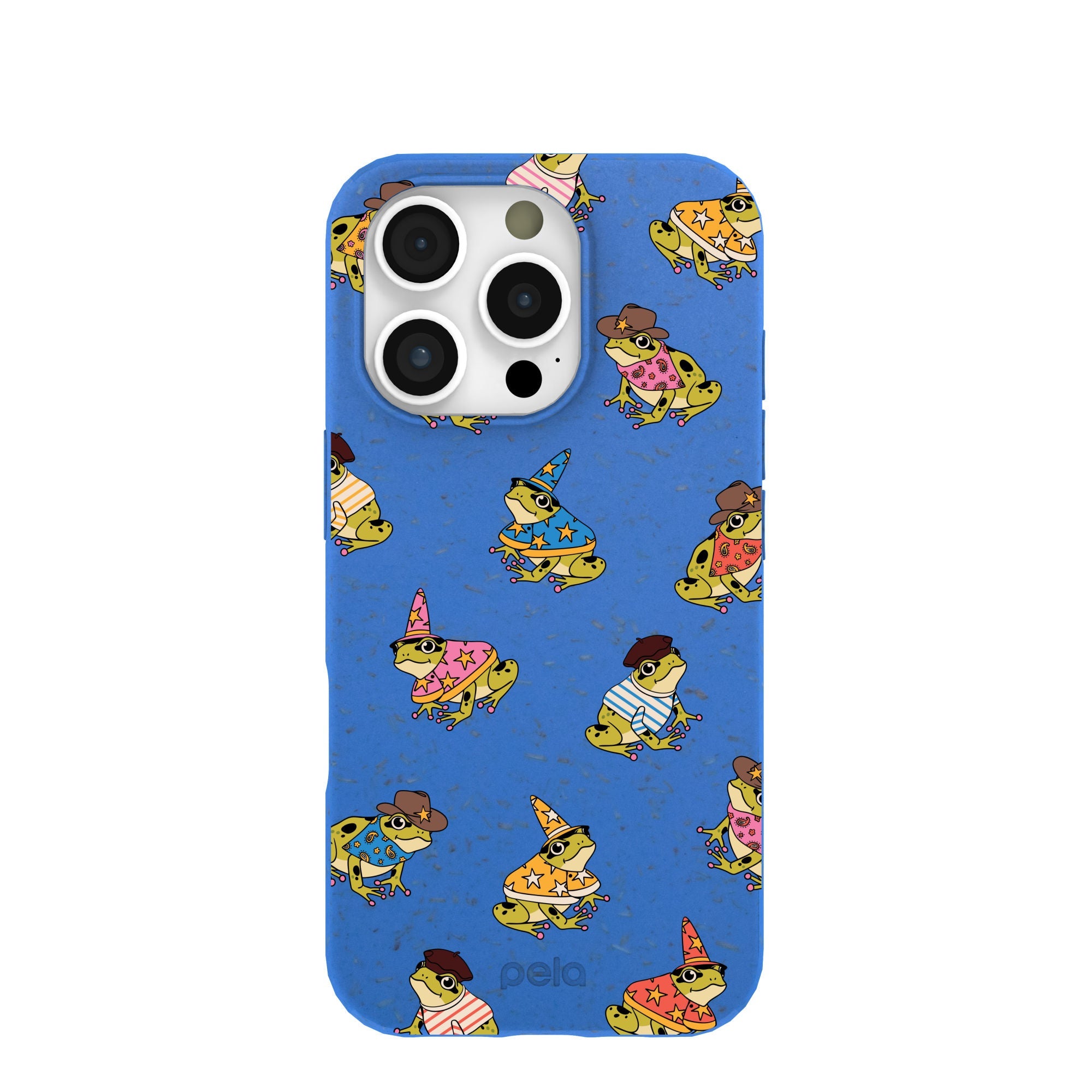Electric Blue Fancy Frogs iPhone 16 Pro Case Refurbished - Pela Case refurbished available on Cerqular