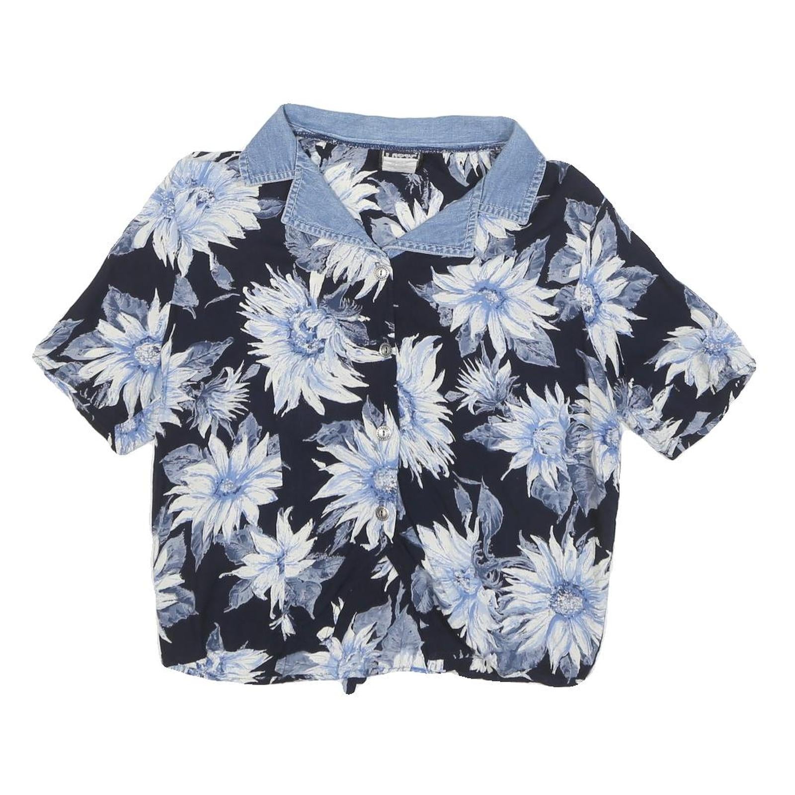 LATTE Womens Blue & White Floral Shirt Short Sleeve Collared XS Rayon Top Refurbished - N/A refurbished available on Cerqular