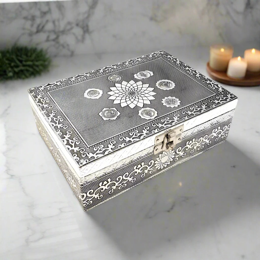 Divine Harmony: Hand-Carved Seven Chakra Wooden Box Refurbished - N/A refurbished available on Cerqular