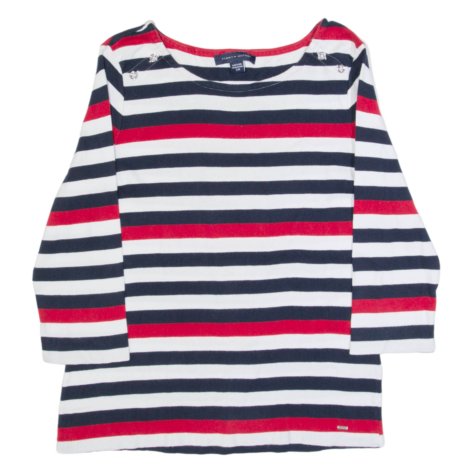 TOMMY HILFIGER Womens Patterned Jumper Blue Striped Tight Knit 3/4 Sleeve L Refurbished - N/A refurbished available on Cerqular