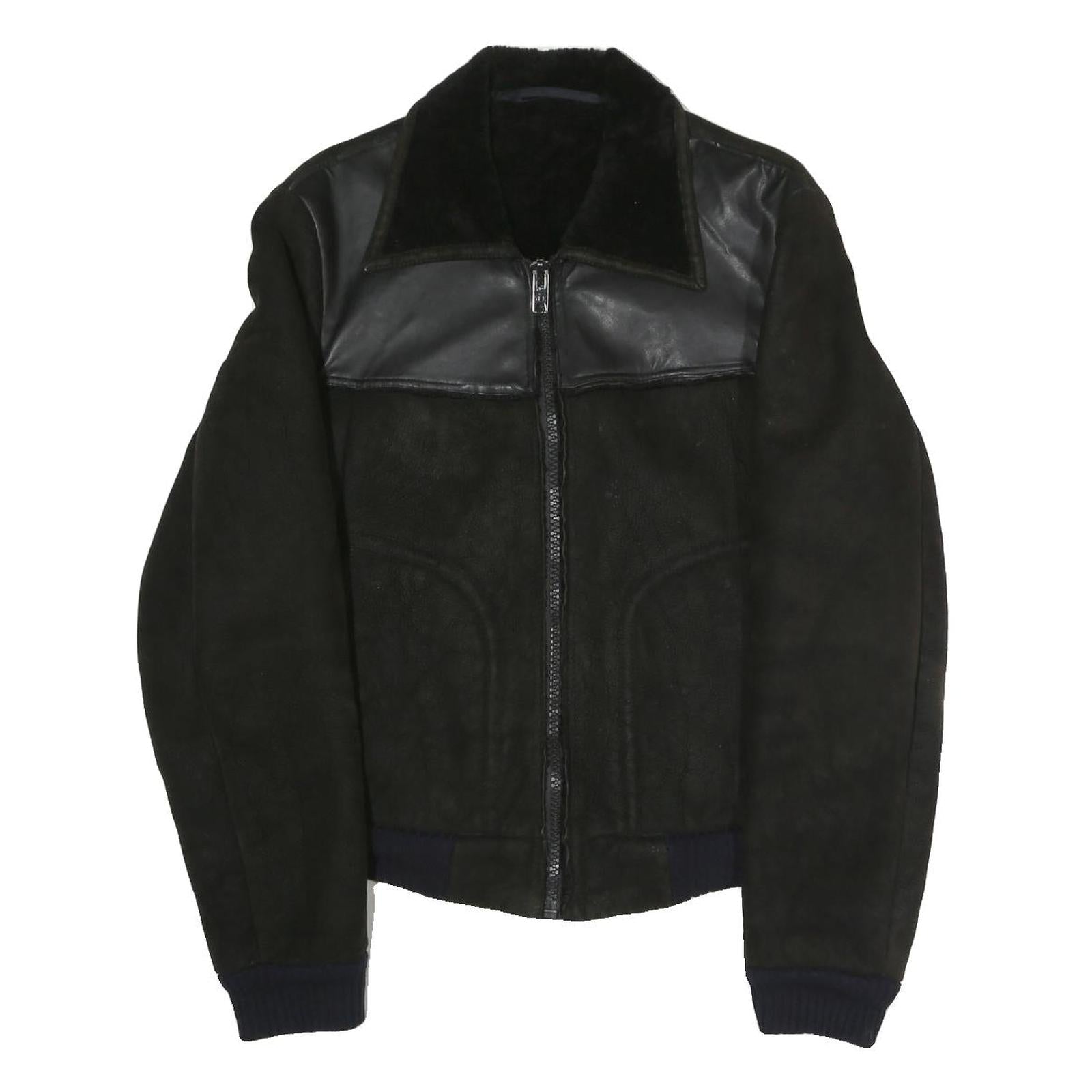 Mens Black Polyester Blend Zip Jacket S Faux Leather Contrast Plain Casual Refurbished - N/A refurbished available on Cerqular