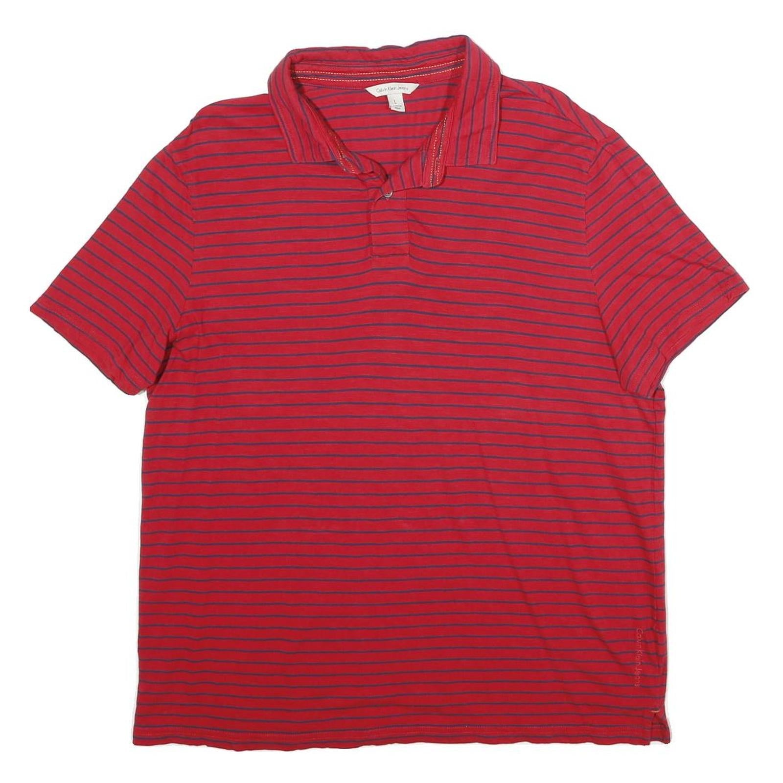 CALVIN KLEIN JEANS Mens Red & Navy Striped Short Sleeve Polo Shirt L Cotton Refurbished - N/A refurbished available on Cerqular