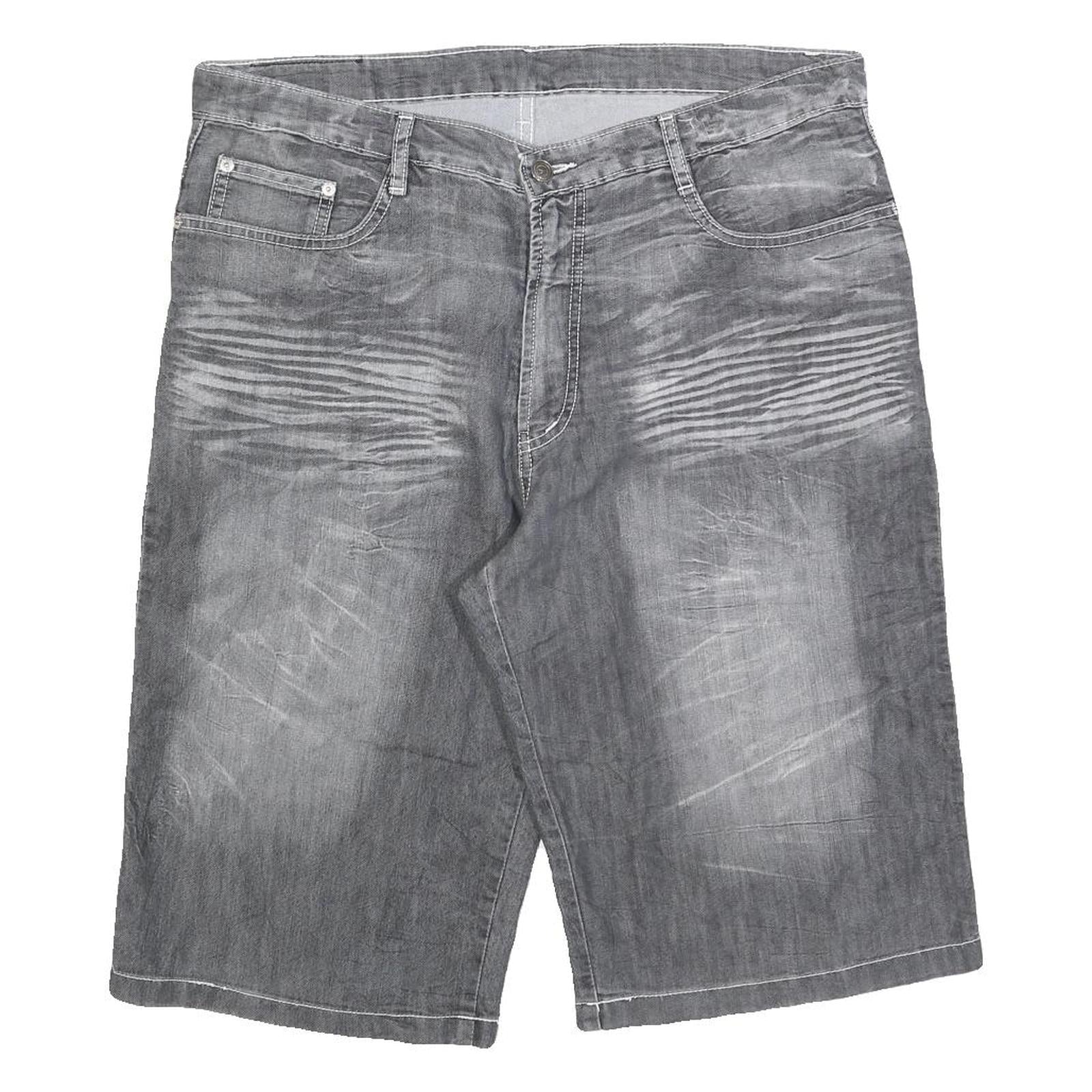 Mens Grey Denim Style Cotton Blend Shorts XL W38 Tribal Embroidered Pocket Refurbished - N/A refurbished available on Cerqular
