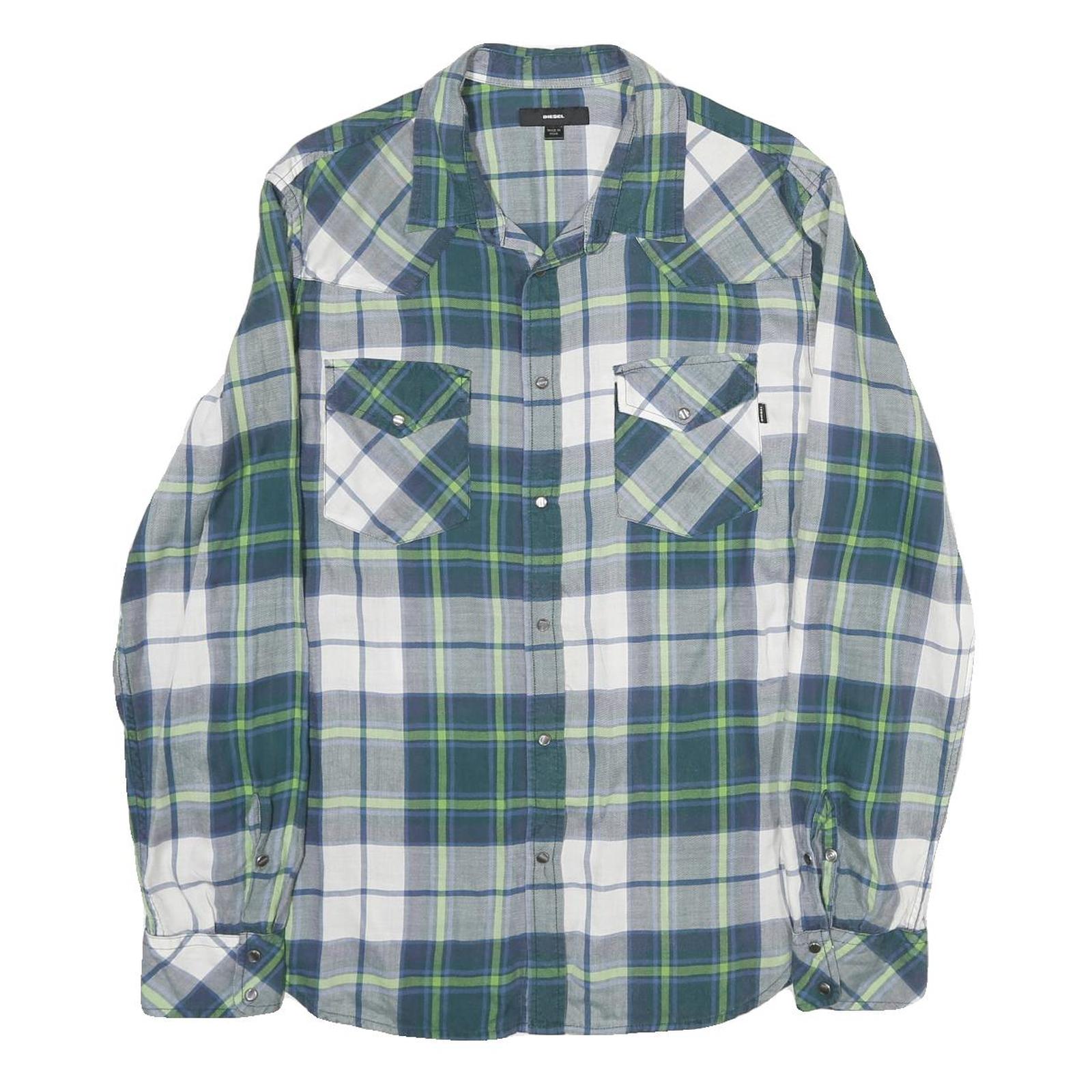 DIESEL Mens Blue Green Plaid Shirt L Cotton Long Sleeve Casual Button Fastening Refurbished - N/A refurbished available on Cerqular